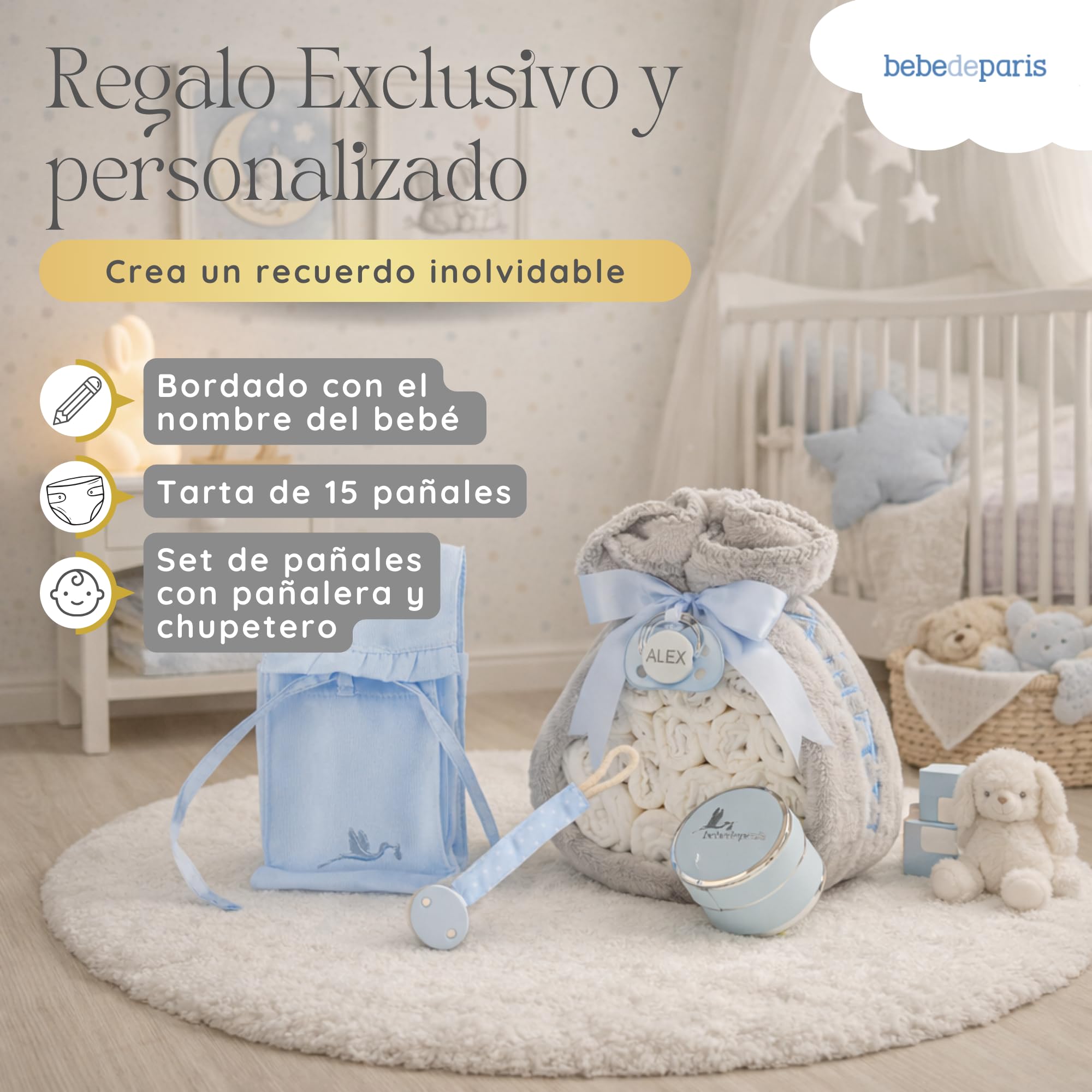 Tarta de Pañales para Recién Nacida con Manta Bordada + 15 Pañales Talla 2 + Chupete Personalizado Azul | BebeDeParis