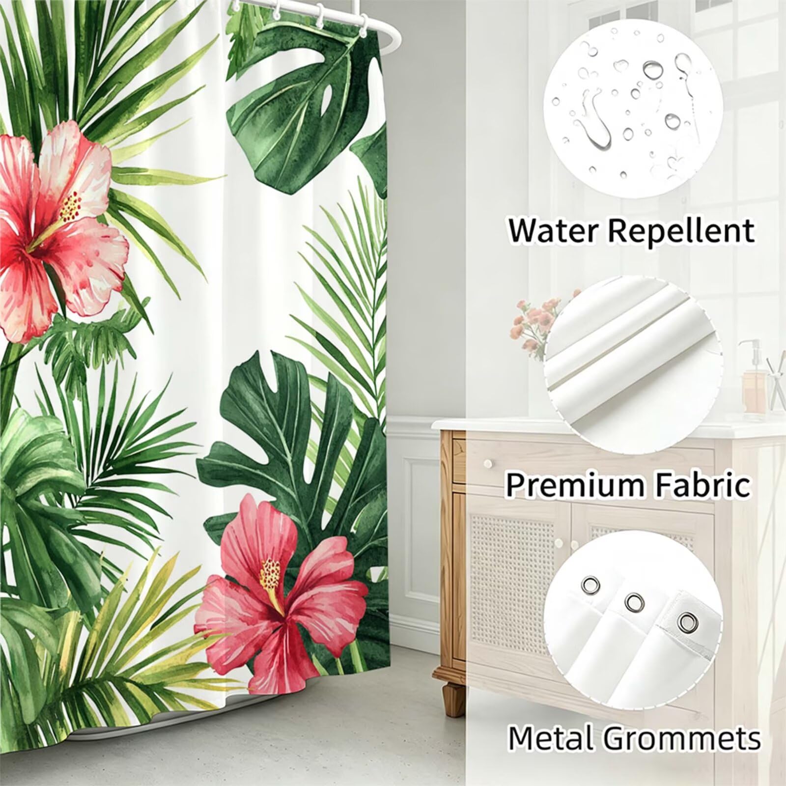Tenda Doccia 180x240cm Bianco Tenda per Doccia con 12 Anelli, Bordo Ponderato, Polyester Tessuto Lavabile, Asciugatura Rapida, Facile da Pulire, per Bagno Dormitorio Hotel Piante tropicali J-657