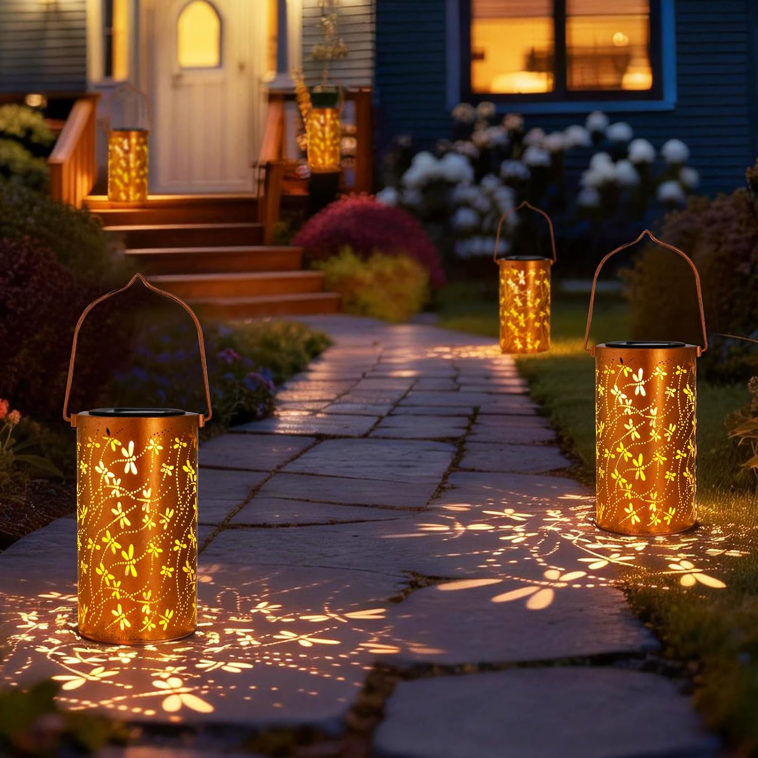 2 Pack Solar Lanterns Outdoor Hanging Lantern Lights, Dragonfly Hollowed-Out Metal Decor Lantern, Waterproof LED Decorative Garden Light - Delicate Garden Decoration for Patio, Yard