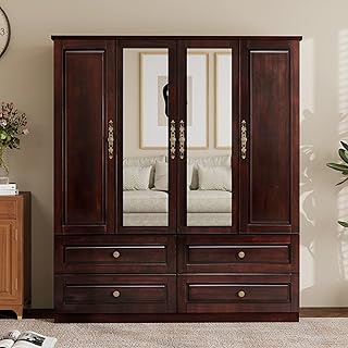 Solid Wood Armoire Wardrobe Closet, 4 Door Solid Wooden Wardrobe Cabinet with 4 Drawers, Bedroom Armoire Closet with Hanging Rods Clothing Organizer Dark Brown-7