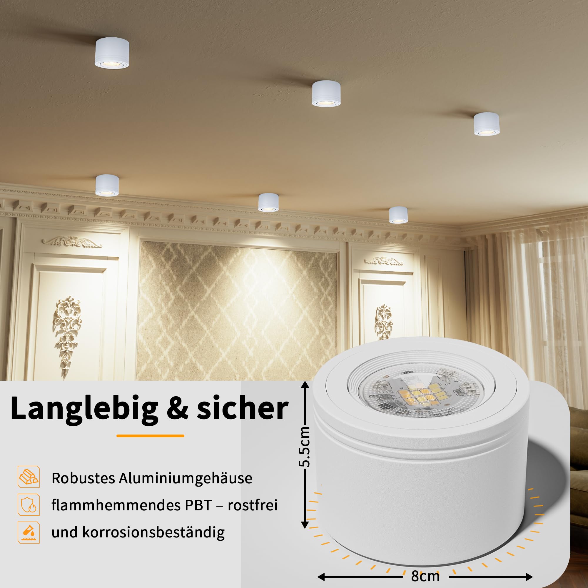 4x LED Aufbauspots Dimmbar 230V – 3 Farbtemperaturen 2700K/4000K/5700K – Extra Flach Ø80×50mm, 30° Schwenkbar, inkl. 5W LED Modul – Aufputz Deckenspots Weiß