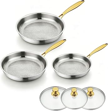 Titanium Pans Set with Lids, 8+10+12Inch Pure Titanium Hammered Upgarde Pro, Nonstick No-Coat Technology, PFAS/PFOA/PTFE Free Cookware, Dishwasher&Oven Safe, Kitchen Induction Compatible,3 Pie