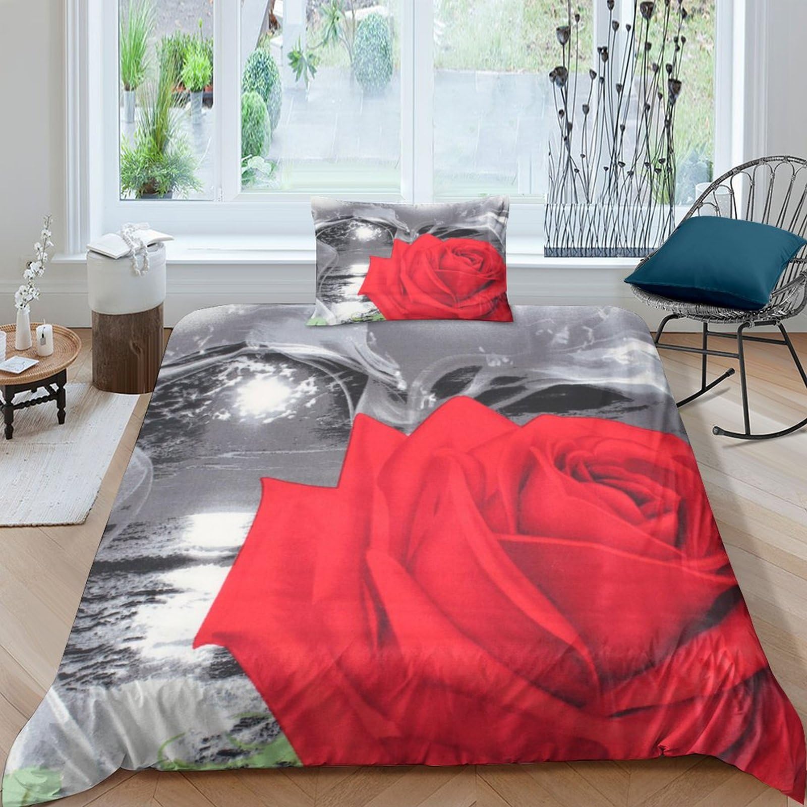 Housse de couette microfibre fine IOFEER lit simple avec motif rose rouge 3D