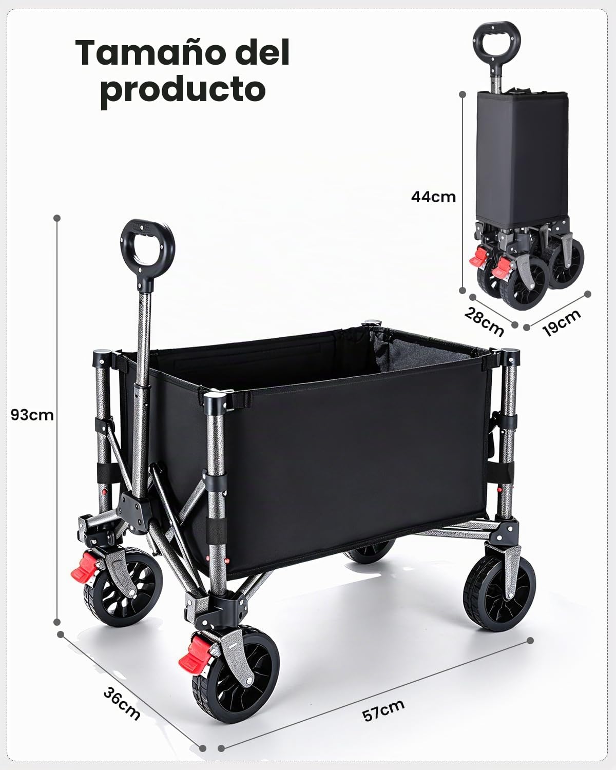 YEAUPE PRO Carro Playa Plegable con Ruedas – 70L, 50 kg – Ruedas Amovibles, Mango Ajustable, Acceso Lateral con Cremallera y Diseño Compacto, Ideal para jardín, paquetería y hogar – Negro Tinta