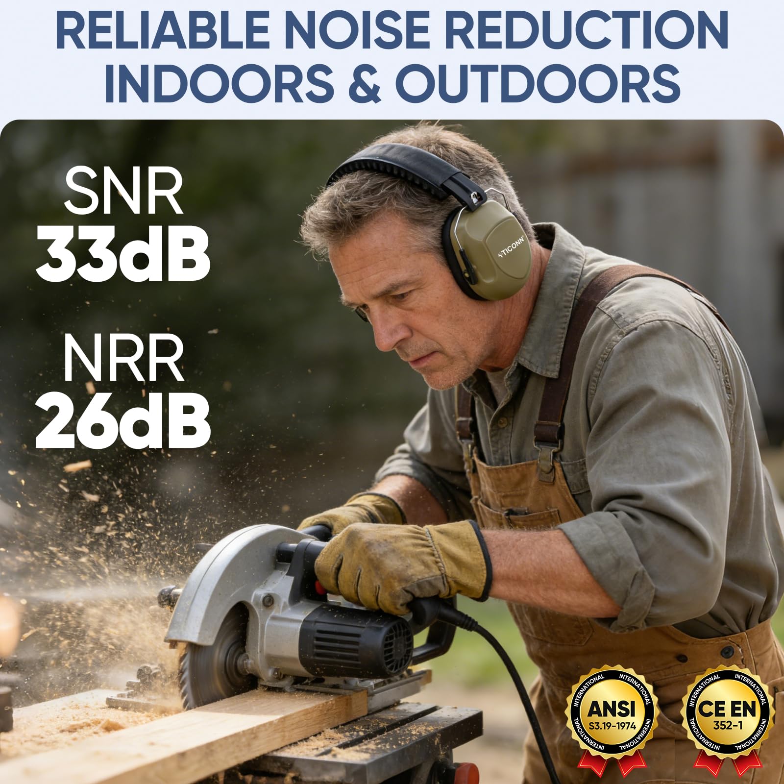 TICONN Noise Cancelling Ear Muffs for Adults, SNR 33dB Hearing Protection, Adjustable Safety Earmuffs for hunting, Construction (FDE) view 2