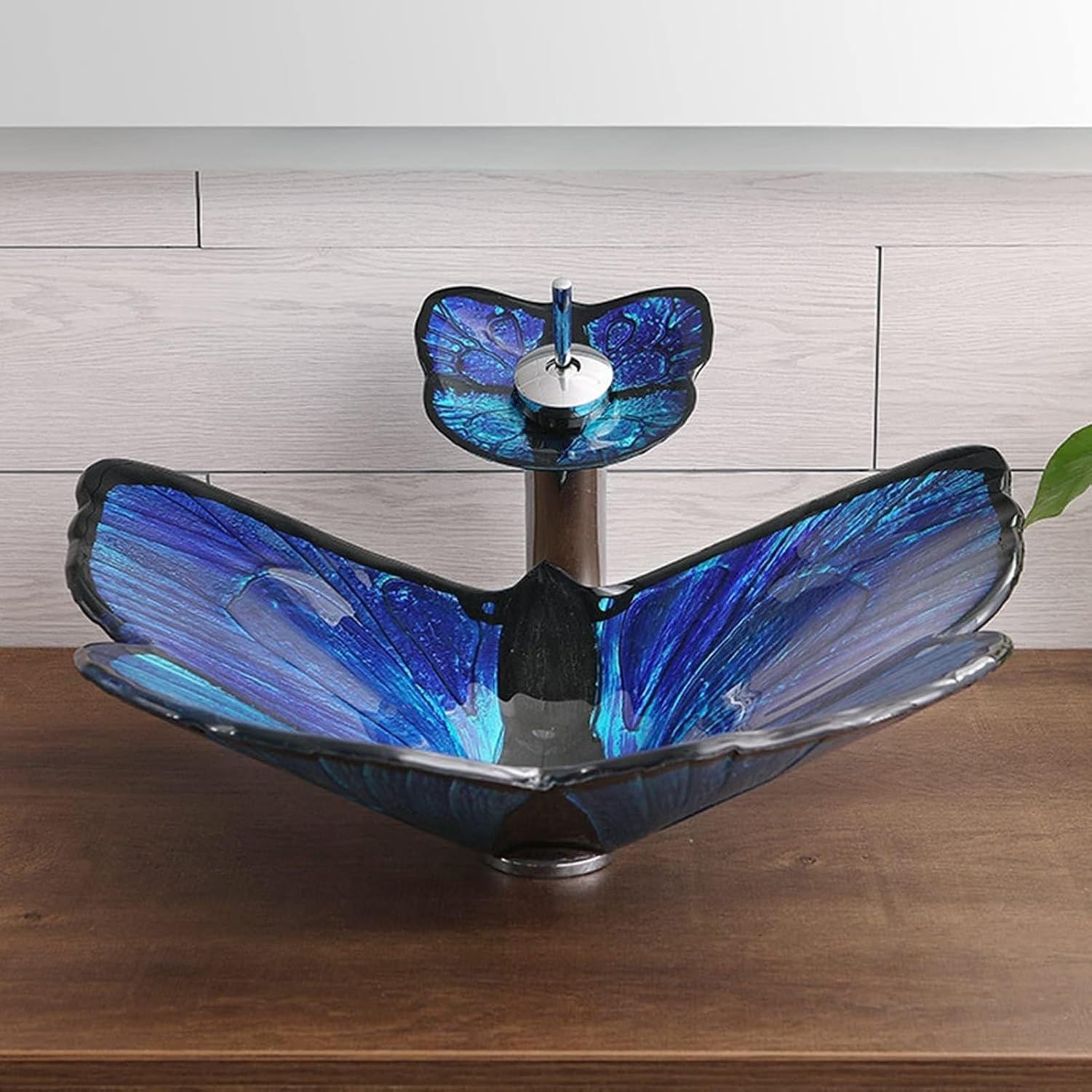 Lavabo de vidrio templado sobre encimera con grifo, Azul, 57x45x15.5cm