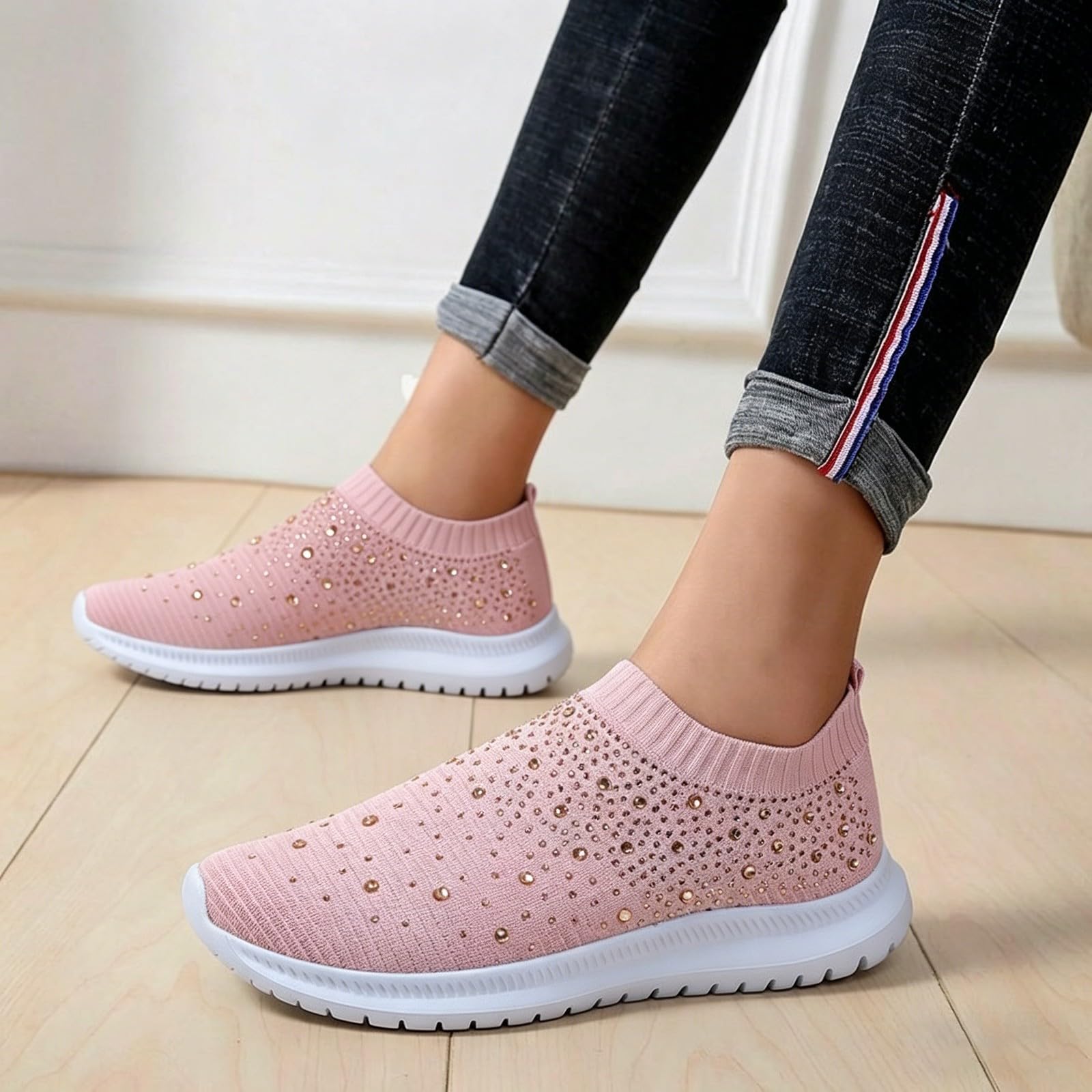 Scarpe da passeggio da donna, slip-on, estive, con strass, larghezza H | Scarpe da ginnastica, senza lacci, per il tempo libero, in rete, traspiranti, per corsa, fitness, attività all'aperto