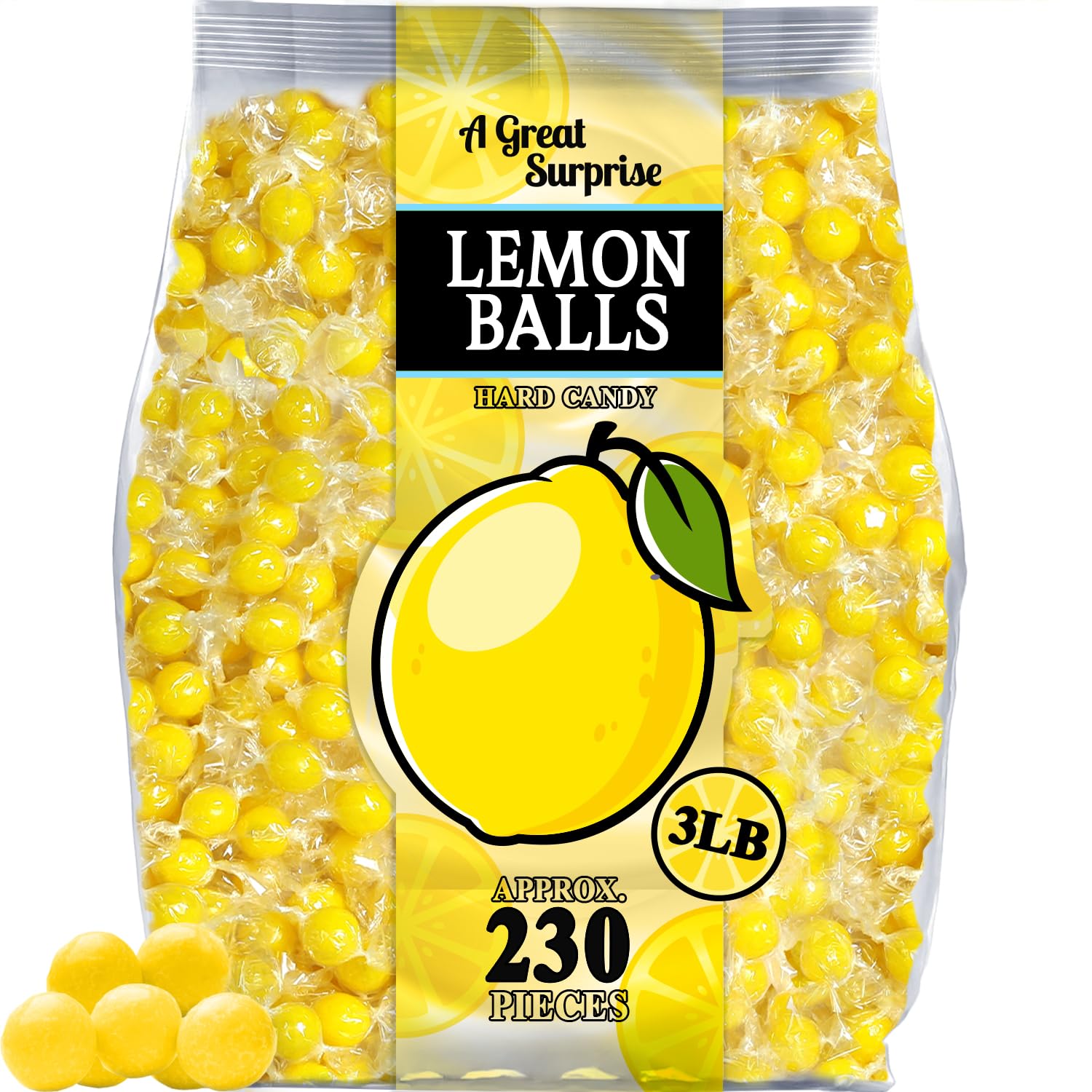 A Great Surprise Lemon Drops - Sanded Lemon Drops Hard Candy - 3 Pound Bulk Sour Lemon Candy - Lemon Shaped Candy - Yellow Candy for Candy Buffet