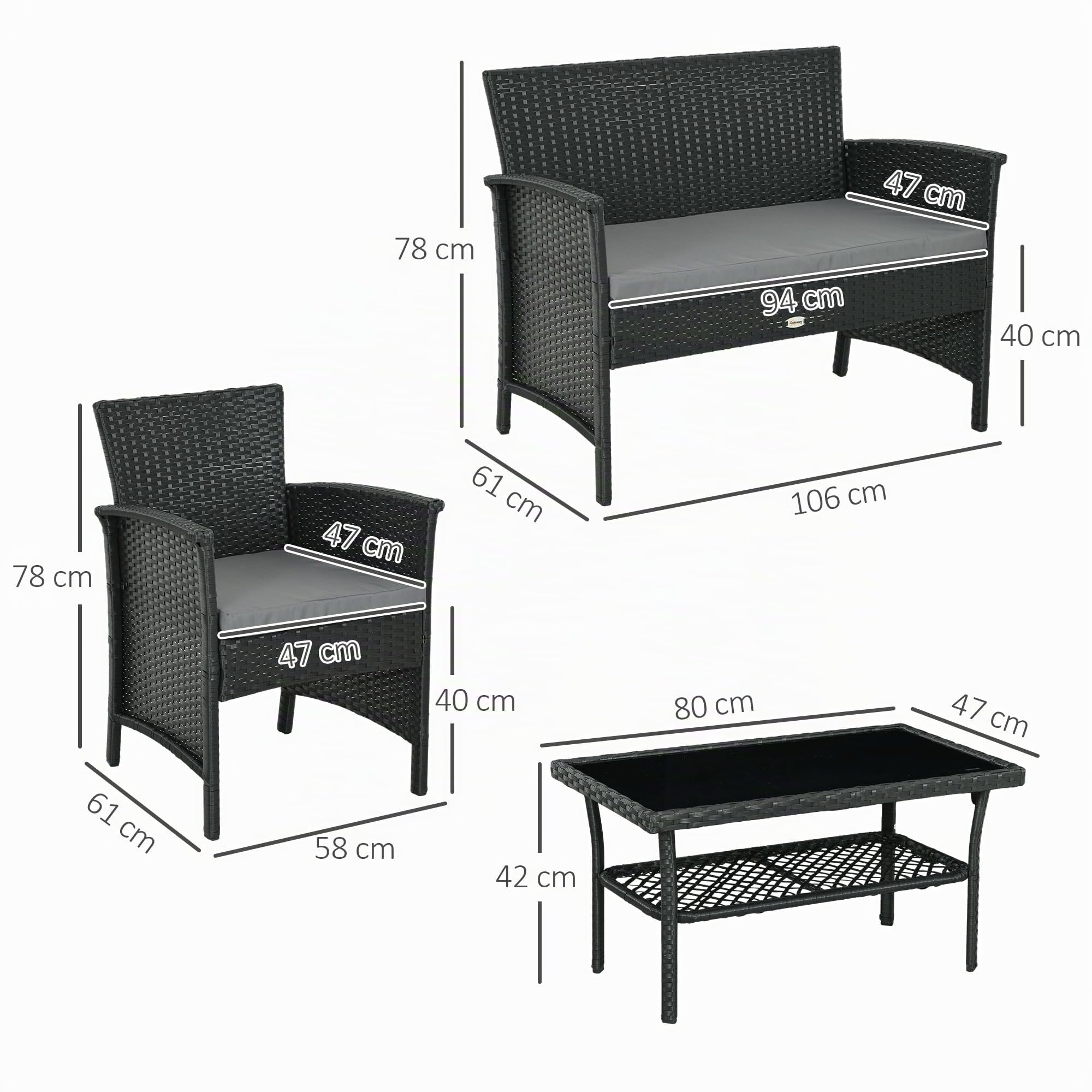 Outsunny Salotto da Esterno in Rattan PE da 4 Pezzi Nero e Grigio | Salottino da Giardino, Divanetto 2 Posti, 2 Poltrone con Cuscini, Tavolino in Vetro