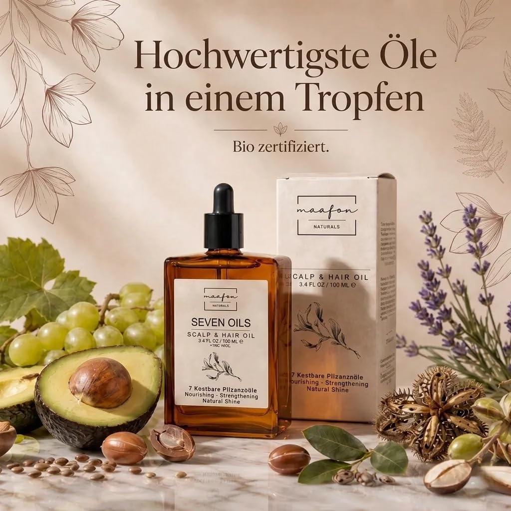 Naturals. SEVEN OILS olejek do włosów i brody (100 ml) – naturalna siła 7 w 1 z olejem rycynowym, olejkiem arganowym i olejkiem jojoba dla wzrostu i połysku włosów – przeciw puszeniu się i