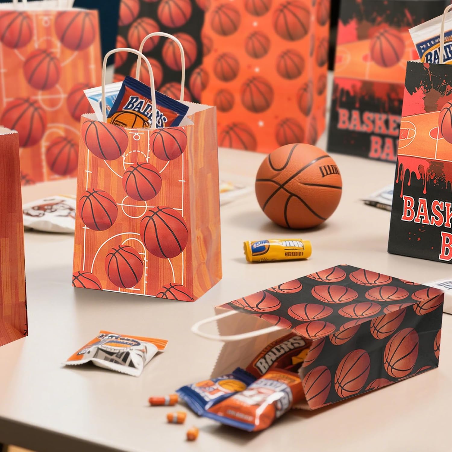 Pokuta 16pcs Basketball Party Favor Bag, Gift Paper Bags with 4 Different Basketball Patterns, Goodie Bags with Handles for Sports Themed Birthday Party - Image 7