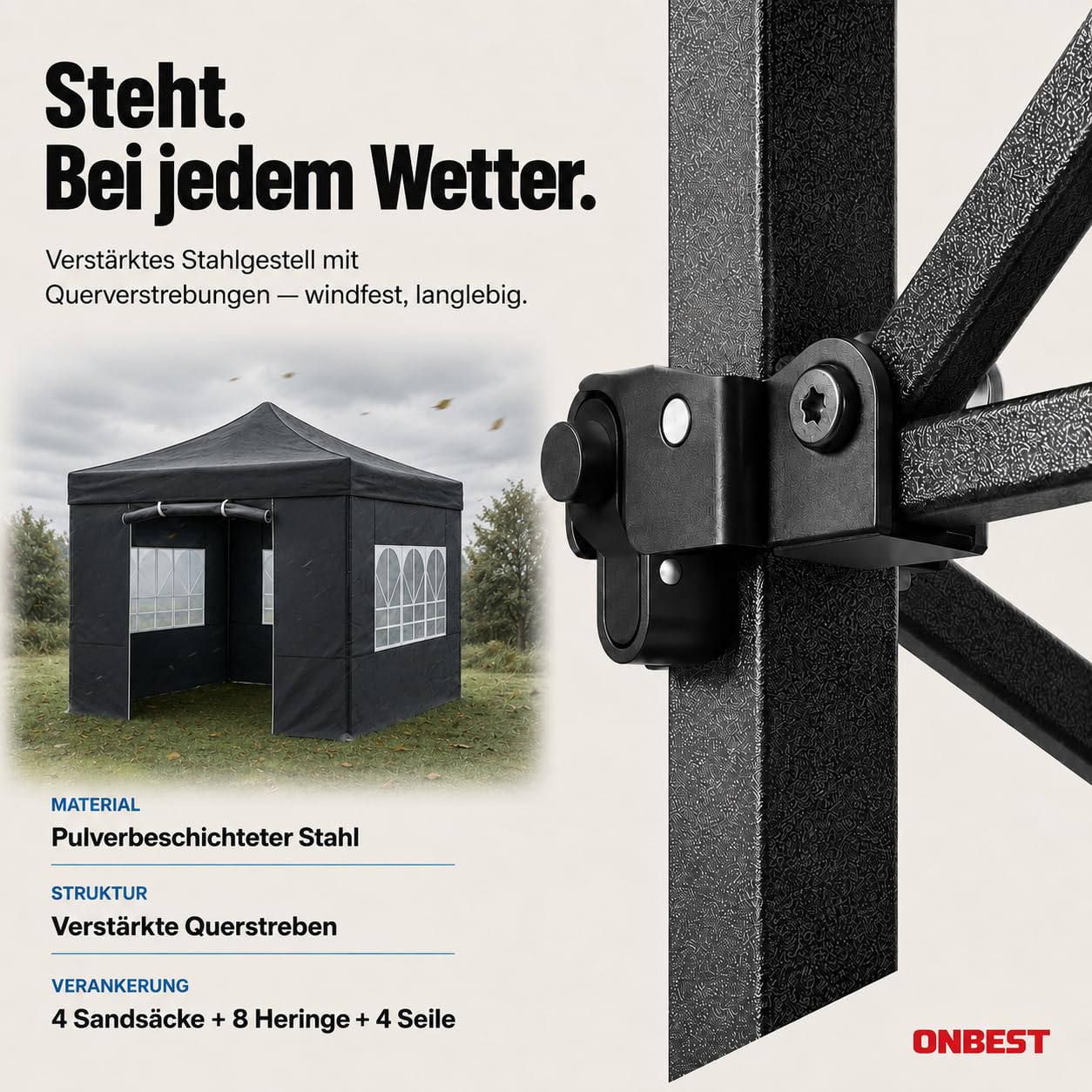 ONBEST Pavillon 3x3 m – Faltpavillon Pop-up mit Seitenwänden, Grau