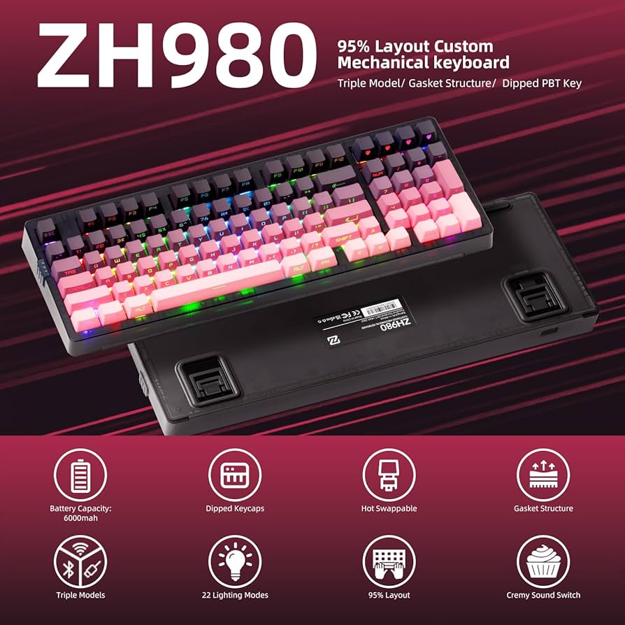Amazon.com: ZORNHER ZH980 Mechanical Keyboard Wireless,95% Pink