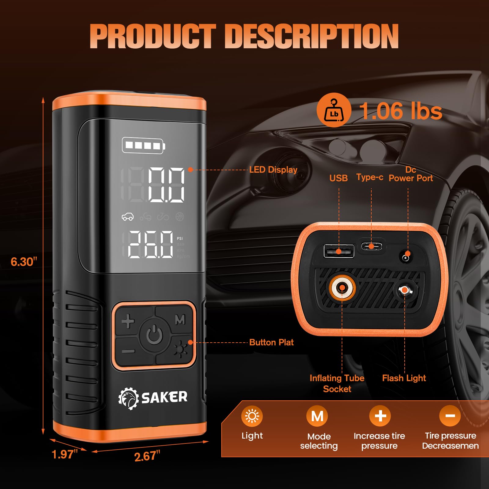 Saker Tire Inflator Portable Air Compressor - 150PSI Car Tires Air Pump with Tire Pressure Gauge Led Light — view 5