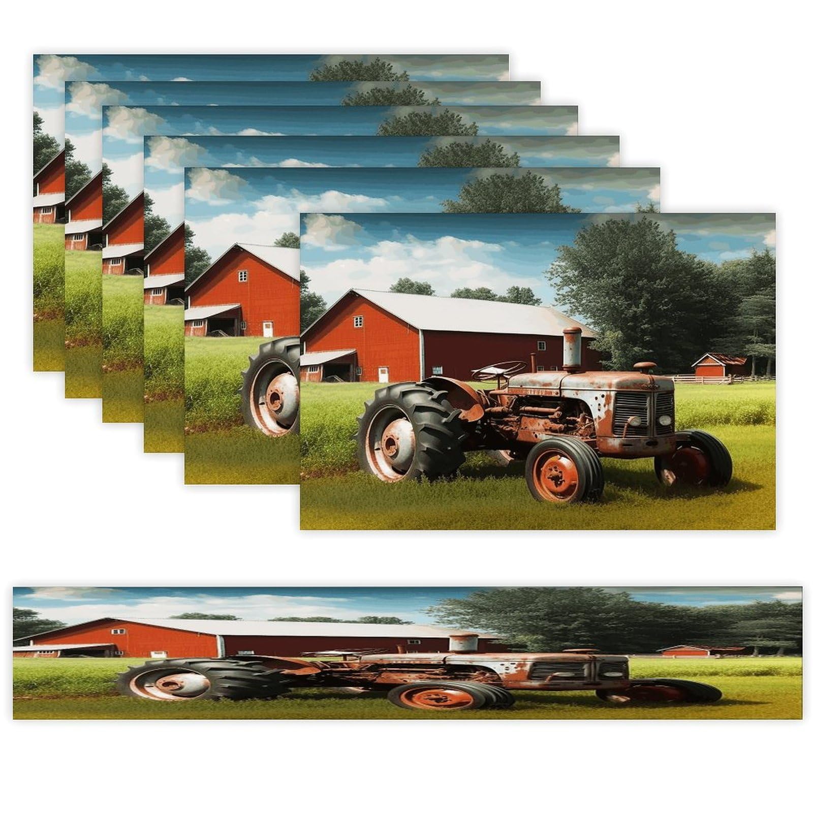 Company Farm Tractor Table Runner and Placemats Set of 6 Heat Resistant Non-Slip Place Mats Washable Linen Dining Mat Sets Modern Cloth Table Mat Art Dining Decor for Daily Use