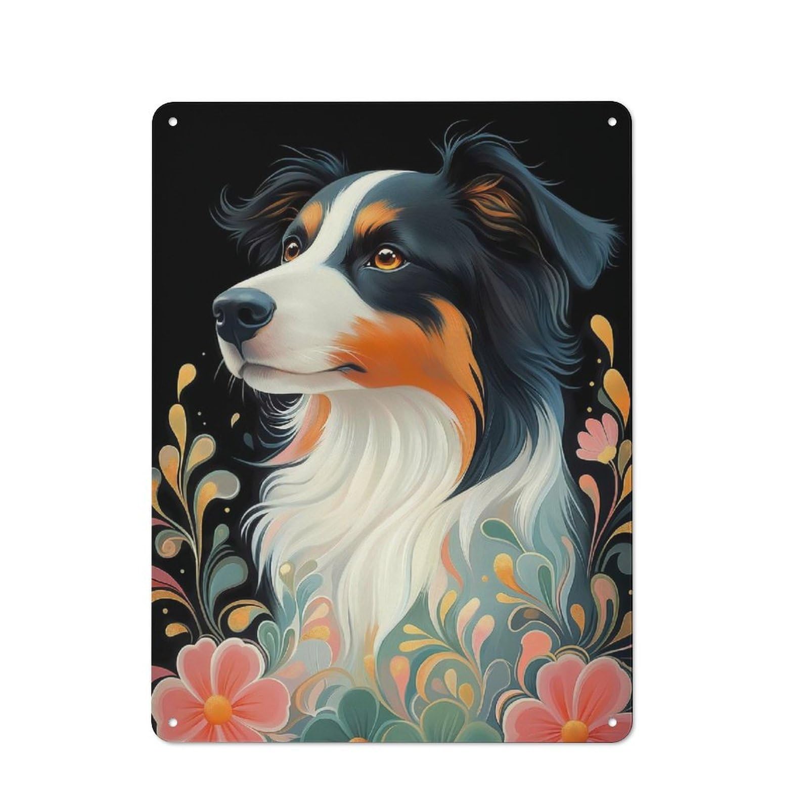 Junmoney Dog Portrait With Flowers Country Metal Wall Decor 40X30cm, Country Metal Sign For Kitchen, Cottage, Porch Or Garden Room