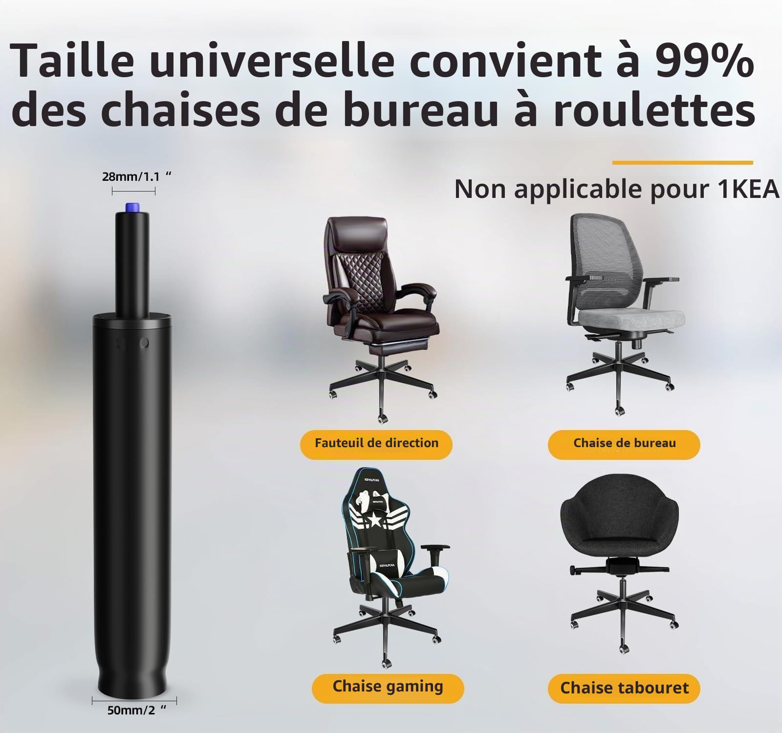Mastery Mart Vérin à gaz de rechange, avec vérin à gaz de 251 mm à 346 mm pour chaise de bureau, gants, outil de retrait de cylindre, arbre de serrage cylindrique (28 mm), vis longues, clé en L