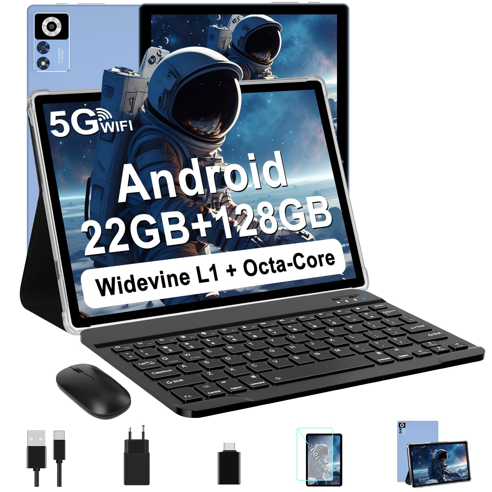 ZIOVO Android 14 Tablet 10 Pollici, 22GB RAM+128GB ROM (TF 1TB), 5G WiFi Tablets, Supporto Widevine L1/Octa-Core/8000mAh/Corpo Metallico/8+5MP, 2 in 1 Tablet PC con Tastiera e Mouse- Blu