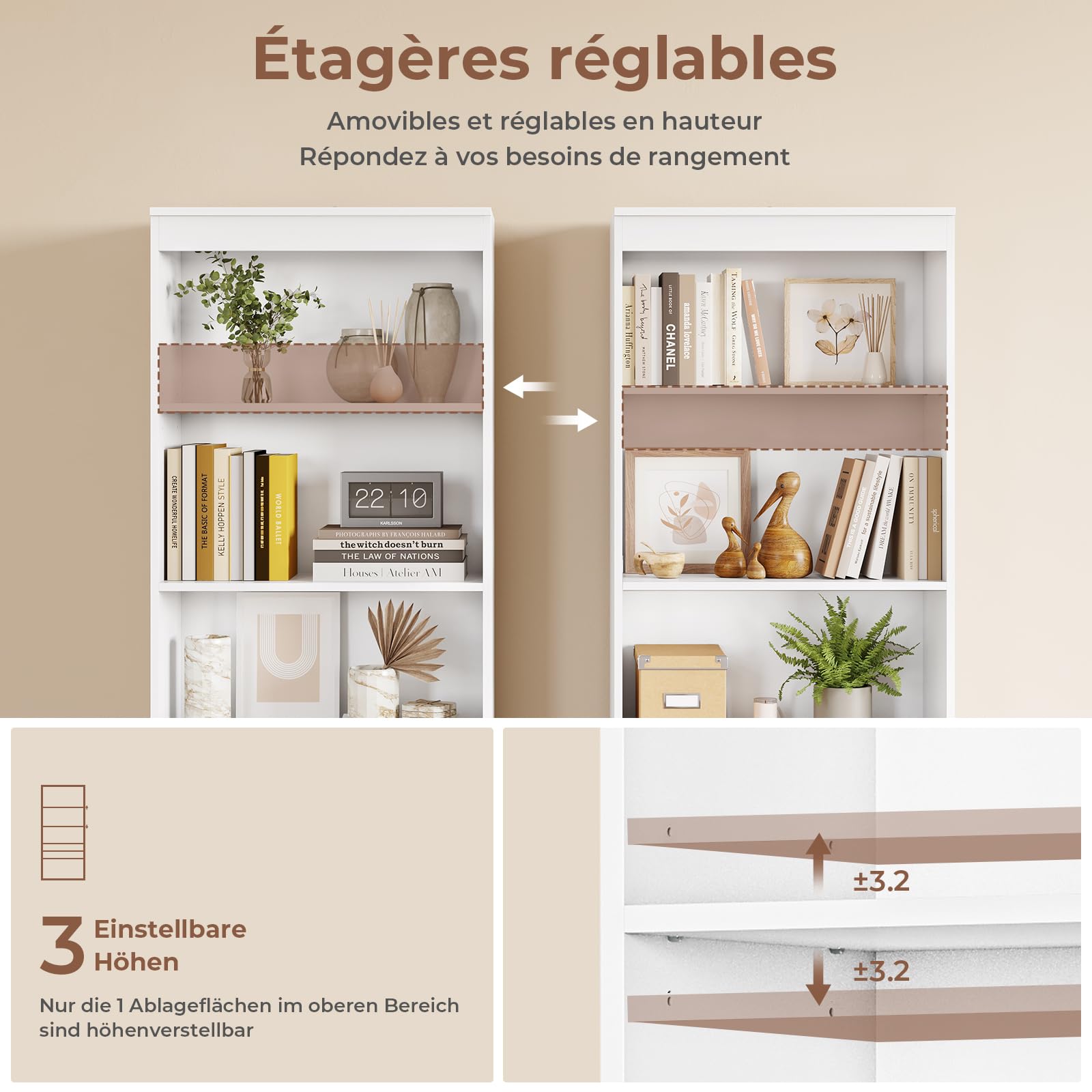 Bibliothèque, Meuble de Rangement avec 2 Grands Tiroirs et 4 Compartiments, Colonne Polyvalente avec Étagère Réglable, pour Salle de Bain, Salon, Cuisine,Facile à nettoyer, 180x60x24 CM,Blanc