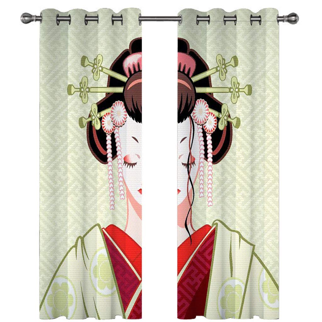 OUSIKA Cortinas Dormitorio Juvenil 3D Retrato De Una Mujer Japonesa Salon Modernas 2 Piezas Cocina Cortinas para Comedor 180x250Cm Opacas con Ojales, Termica Aislante, Infantiles Cortina