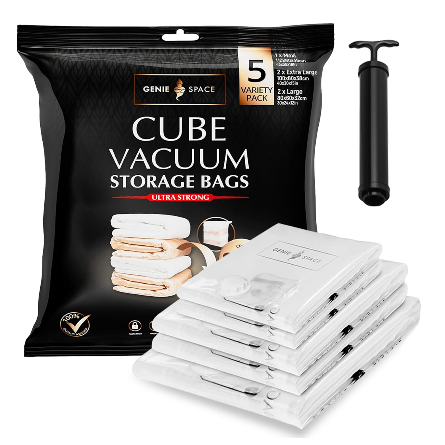 GENIE SPACE Sacs Sous Vide Cube Premium pour Vêtements, Literie et Rangement, Pack Variété 5 (1 Maxi + 2 XL + 2 L), Hermétiques, Réutilisables et Anti-Odeur, Gain de Place, Lot avec Pompe de Voyage
