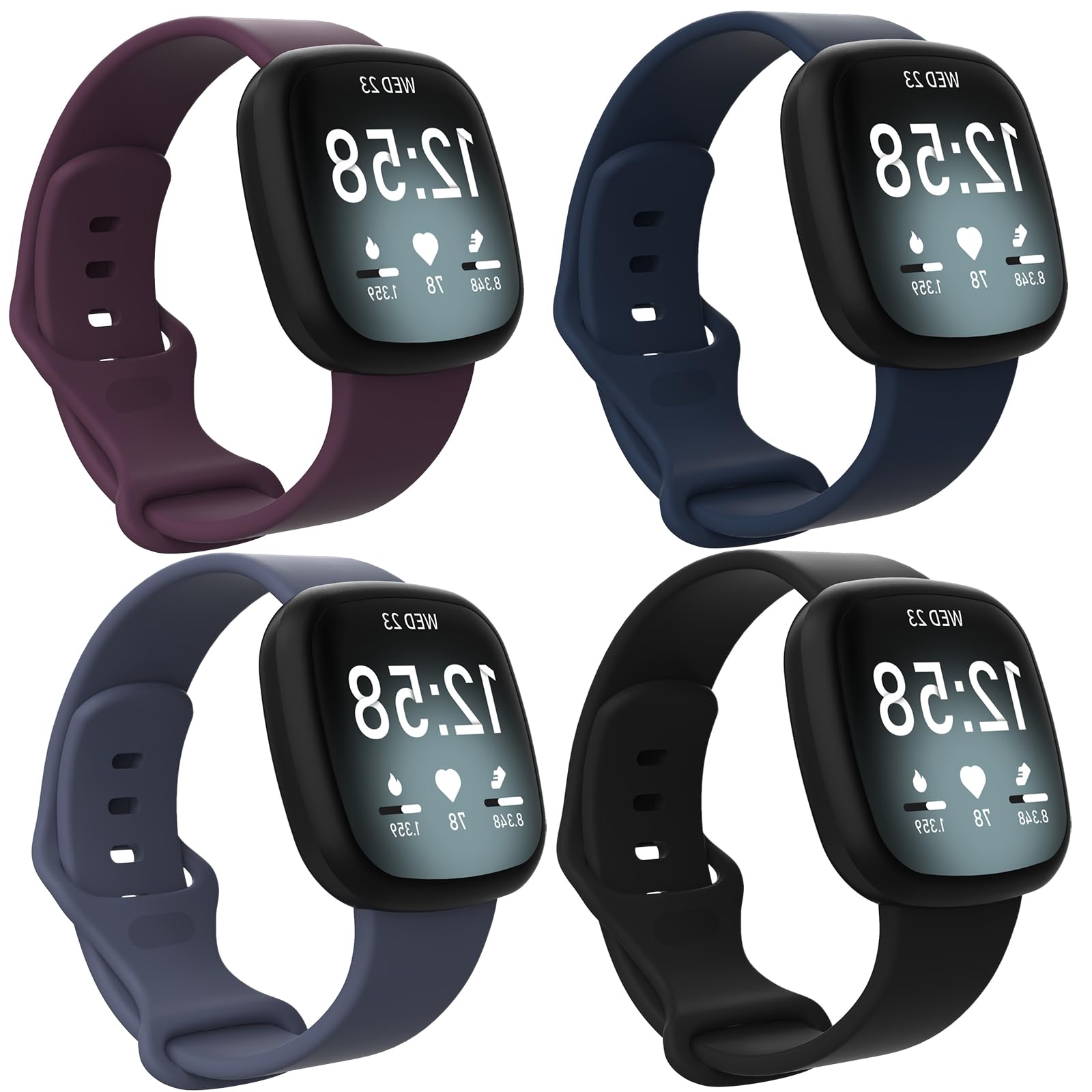 KUSINHOKA 4 Pack Silicone Straps for Fitbit Sense 2/Fitbit Sense/Fitbit Versa 4/Fitbit Versa 3,Silicone Sport Replacement Wristband for Women Men，Black+Blue+Deep purple+violet.