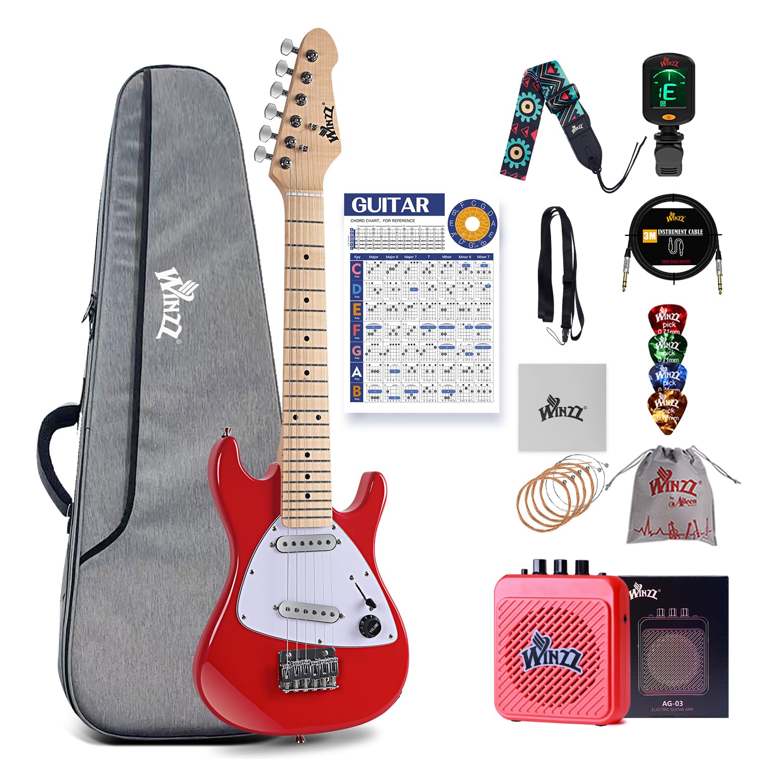 Winzz 30-Zoll-E-Gitarren-Einsteiger-Set für Kinder, Junior-E-Gitarre im Mini-Format (1/4 Größe) für Kinder, Komplettset für Einsteiger mit Verstärker, Glänzende Rote Farbe