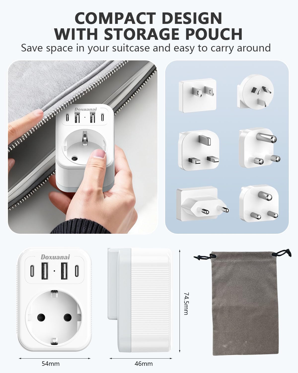 Set d'adaptateur de Voyage International, Adaptateur de Prise avec 4 USB (2 USB-C), Type A/C/G/I/M/D, Adaptateur de Prise Universel Mondial pour US/EU/UK/Afrique du Sud/Japon/Chine/Australie/Inde