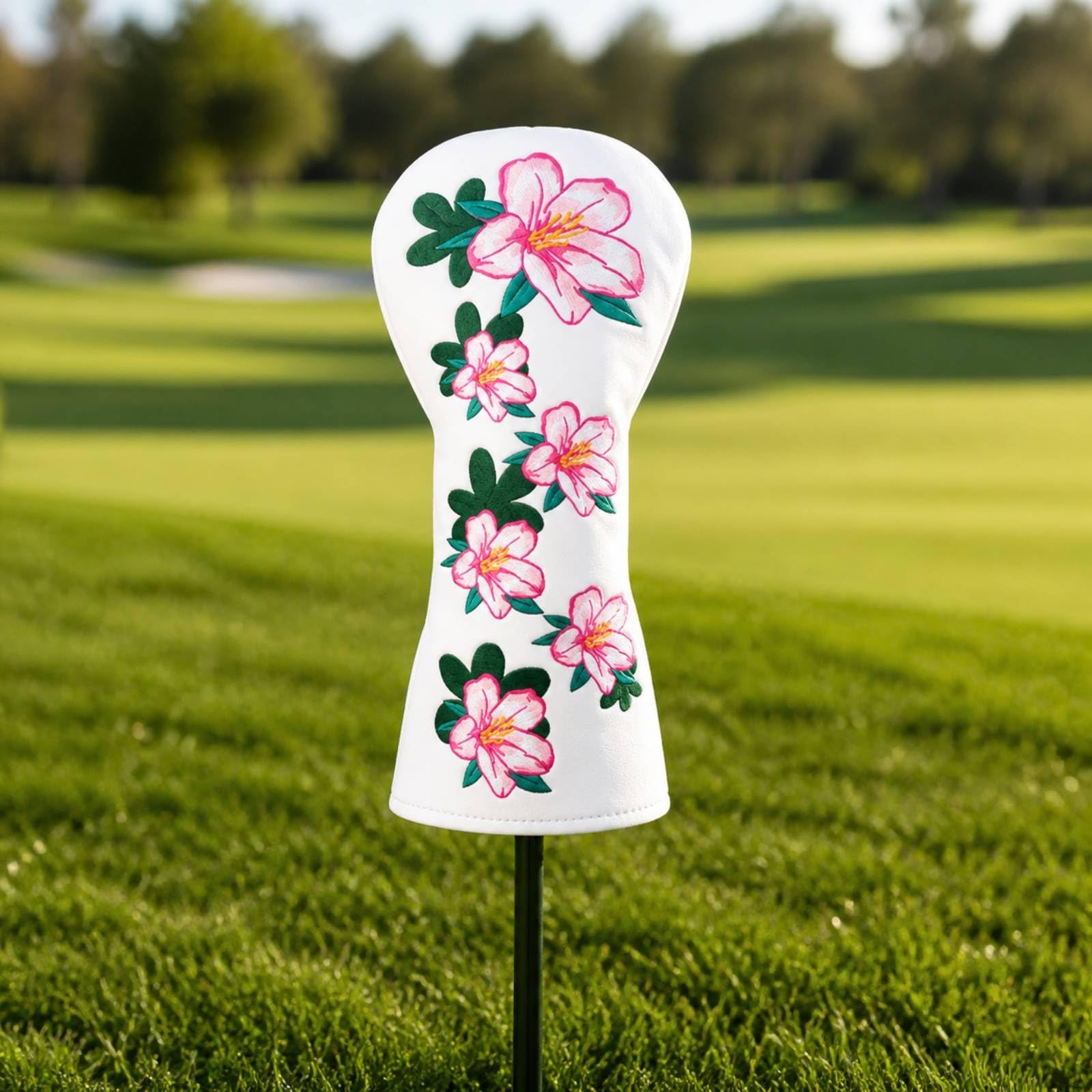 Schlägerhaube mit langem Hals, Weißes 3-Teiliges Schlägerkopfhauben-Set Mit Azaleenblüten-Stickerei Für Driver, Fairwayholz Und Hybridholz, 3-Teiliges Set – Driver-, Fairwayholz- Und Hybridh