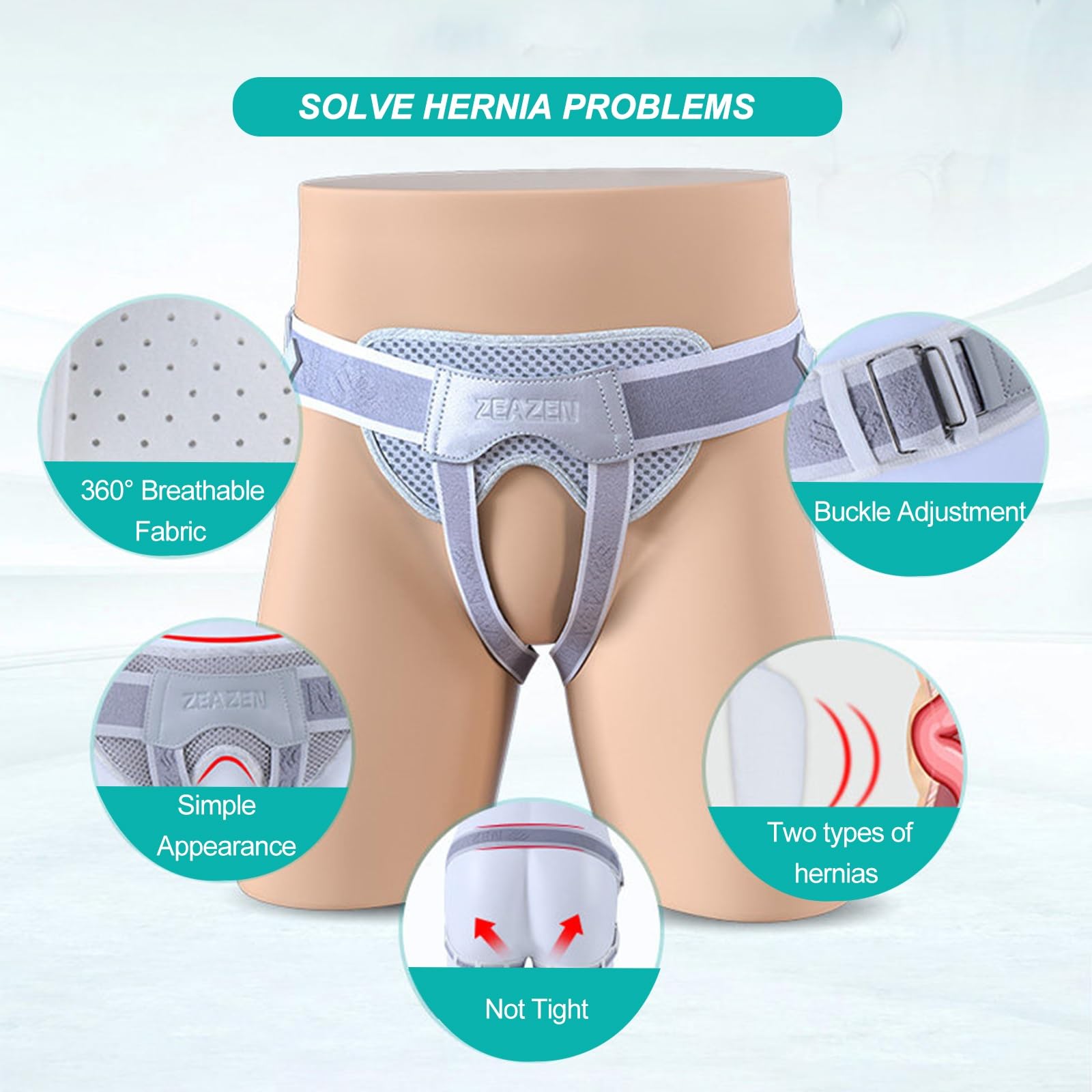 Cintura for Ernia Inguinale for Uomo e Donna, Regolabile con 2 Cuscinetti Sostituibili, Supporto Traspirante for Dolore Inguinale