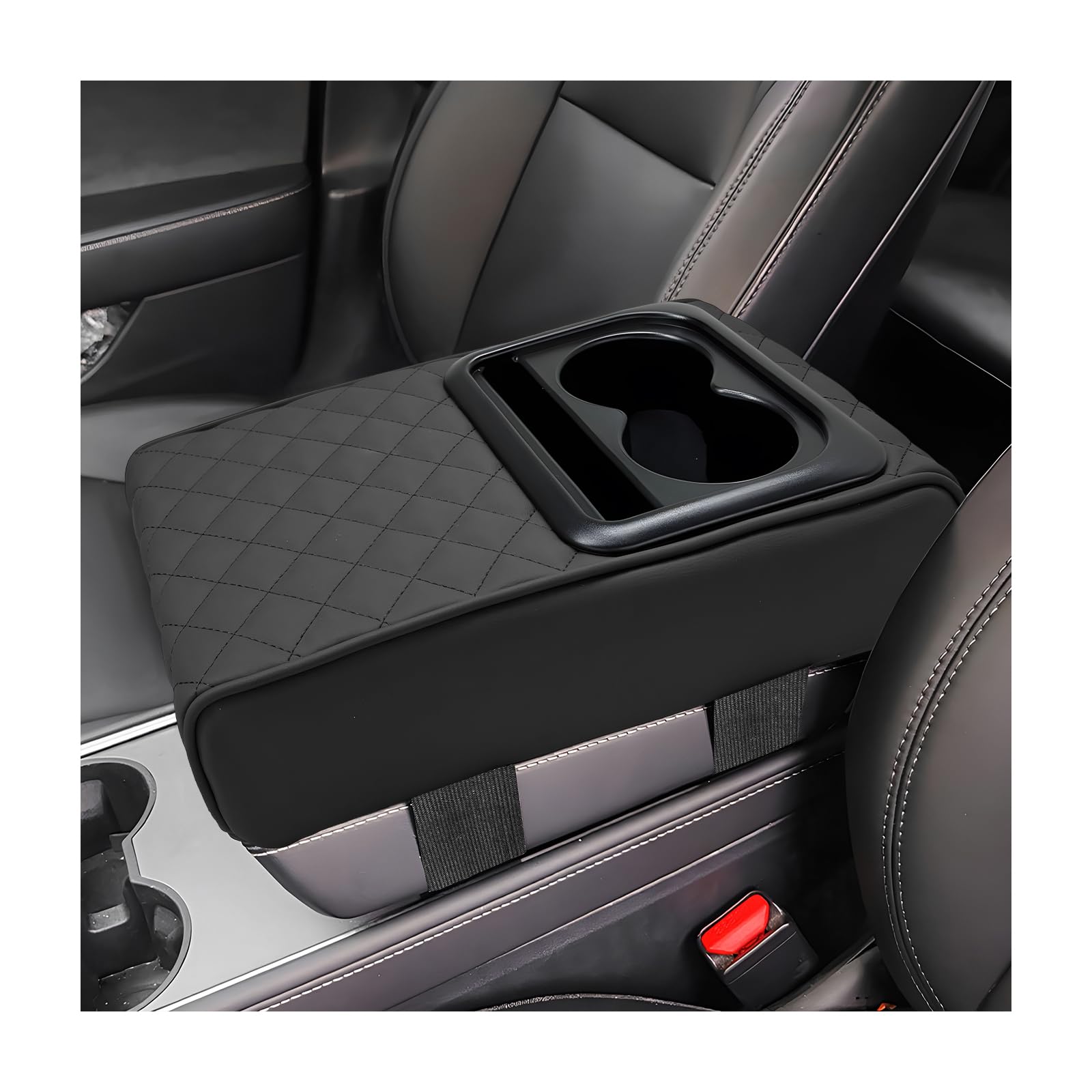 Car Center Console Armrest Pillow, Leather Auto Arm Rest Cover Protector with Cup Holder and Phone Holder, Memory Foam Armrest Cushion for Most Vehicles (Black, Diamond Pattern)