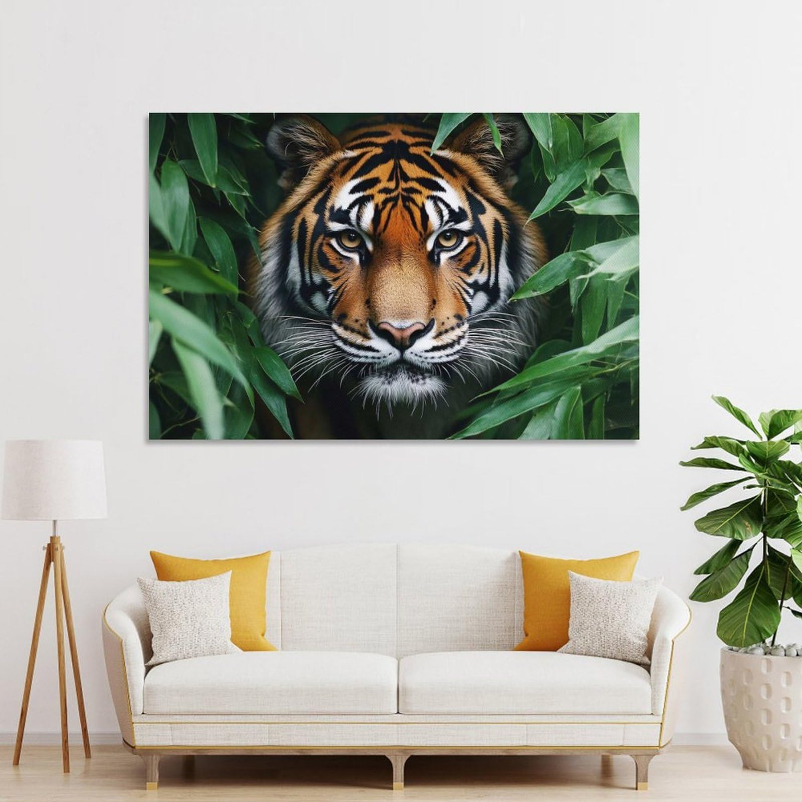 Junmoney Tiger Portrait in Lush Green Foliage Decorative Canvas Print 24x36inch(60x90cm), for Corridors, Hallways Or Apartment Entries, Decorative Wall Art for Narrow Spaces