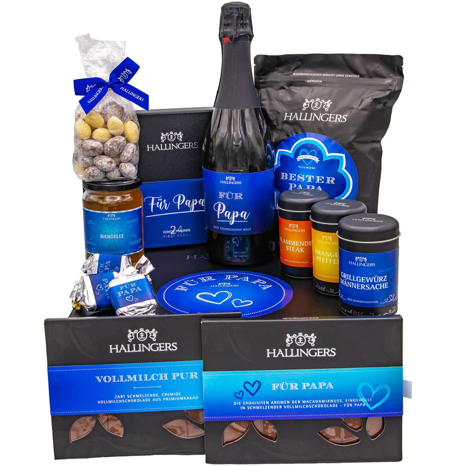 Hallingers Genuss Manufaktur Feinkost Vatertagsgeschenk-Set - XXL-Geschenkkorb "Für Papa" große Selektion Sekt, Biergelée, Kaffee, Nougat, Gewürze, Pralinen & mehr, Geschenkidee für Papa Opa