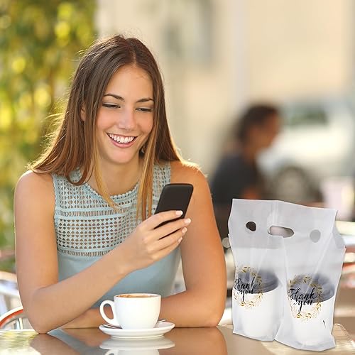 Miniatura 6 de Whaline 1000 bolsas para beber con asa de agradecimiento 2 tazas, bolsas de polietileno de plástico transparente para entrega, soporte para tazas,