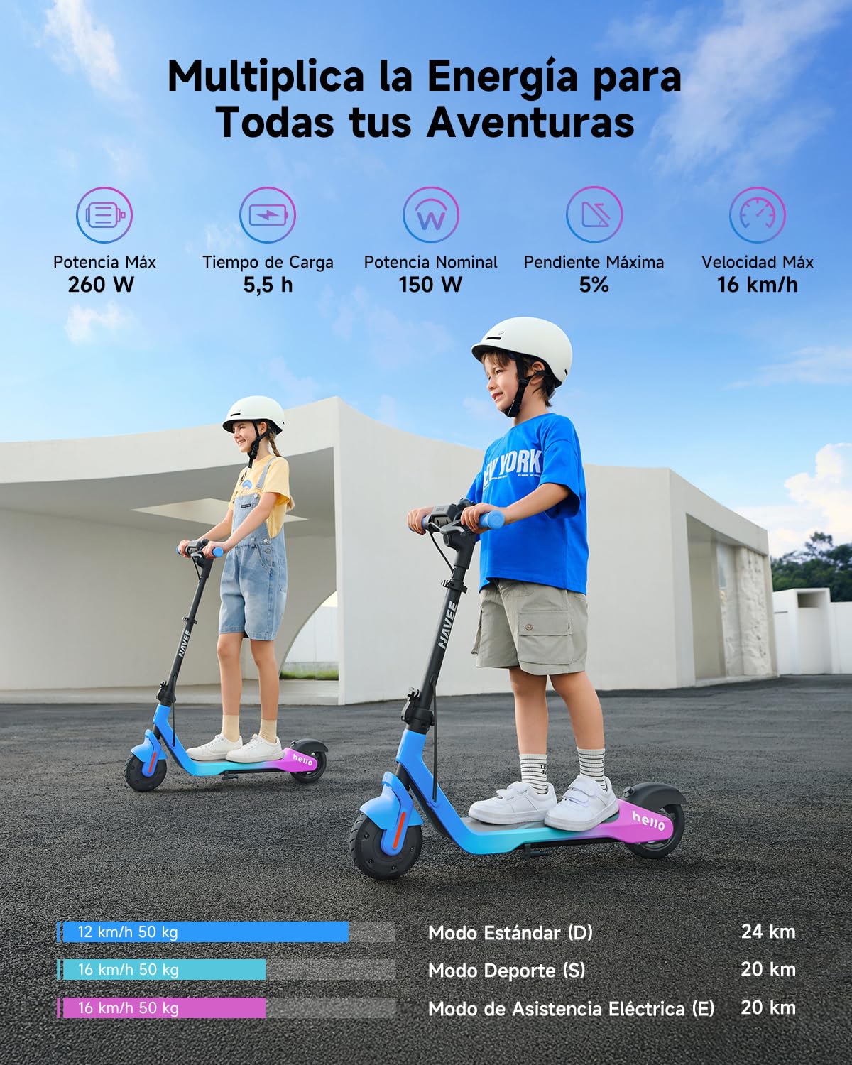 NAVEE K100 Serie Patinete Eléctrico para Niños, Control Parental vía App, Autonomy 14-24km, 3 Modos de Velocidad 16km/h, Luces RGB, Neumáticos Macizos 7", Plegable y Ajustable 6-14 Años