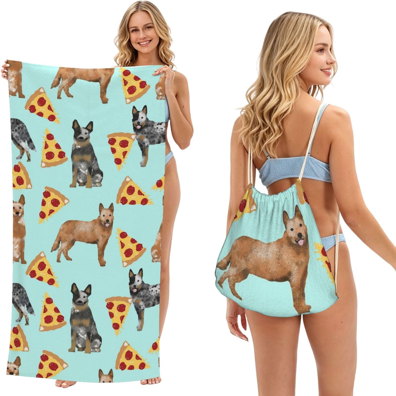 Poadnly As Picture Australian Cattle Dog Blue And Red Heelers And Pizzas, 2 In 1 Packable Towel Bag, Beach Towels With Drawstring Backpack For Travel Holiday Camping