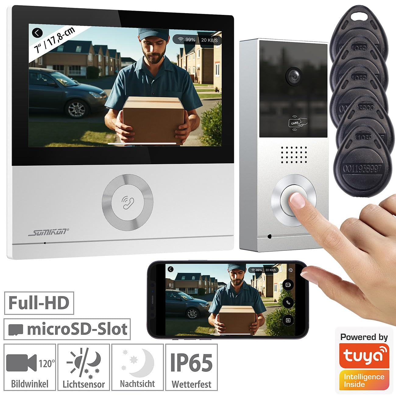 Somikon Türsprechanlage: WLAN-Full-HD-Video-Gegensprechanlage mit 17,8-cm-Touchscreen (7"), App (Gegensprechanlage mit Kamera, Video Türsprechanlage WLAN, Funk)