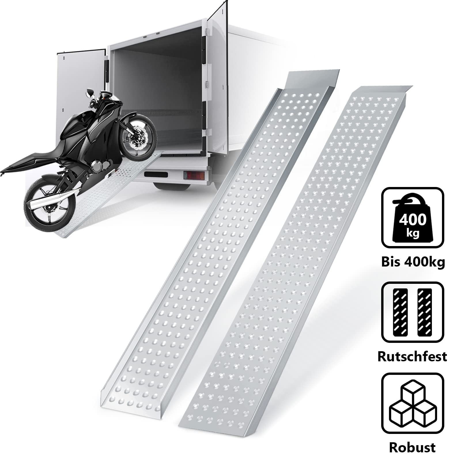 2 x rampa najazdowa, 400 kg, ocynkowana stal, antypoślizgowa szyna załadunkowa, maks. 200 kg * na sztukę, rampa do przyczep, rampa załadunkowa do motocykli, przyczep, 160 x 23,5 x 4 cm