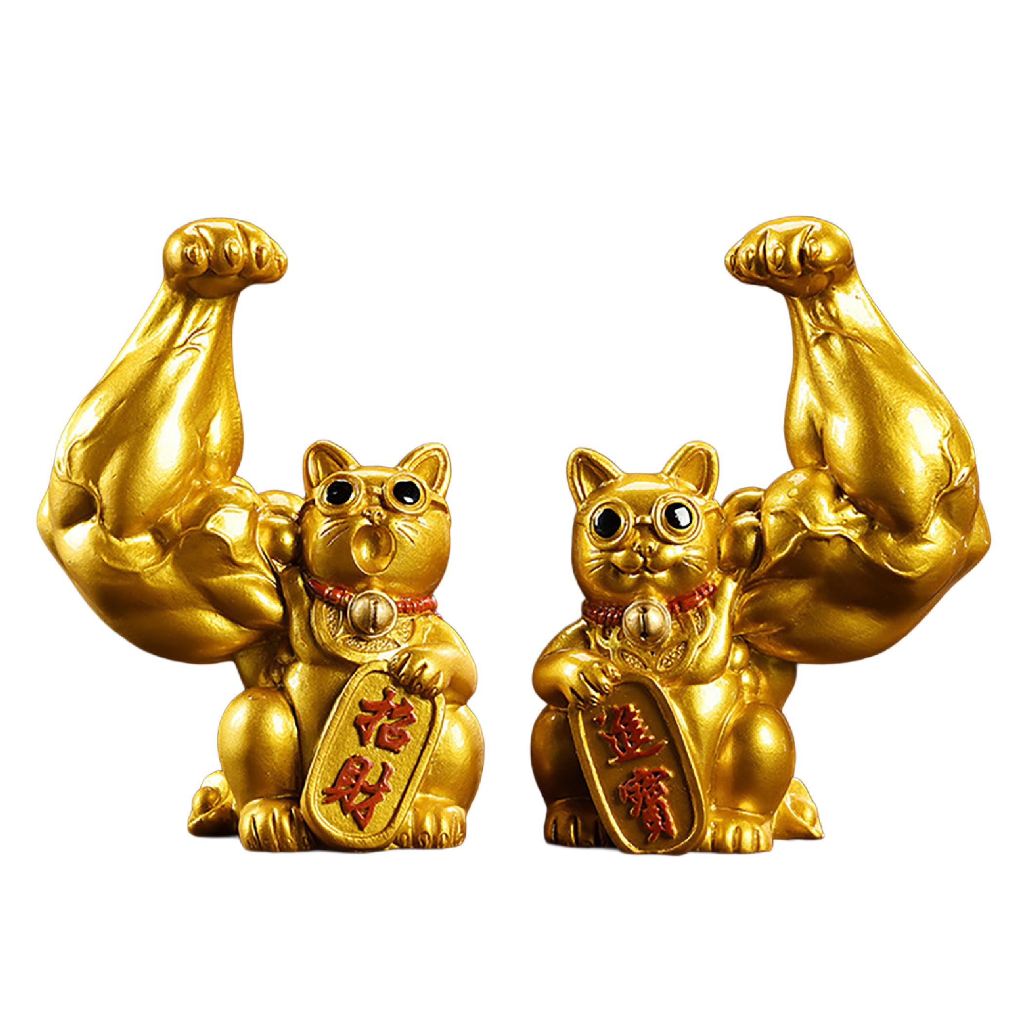 HAMILO Maneki Cat Muscle Gold Funny Joke Happiness Luck Financial Feng Shui Set of 2 : Home & Kitchen