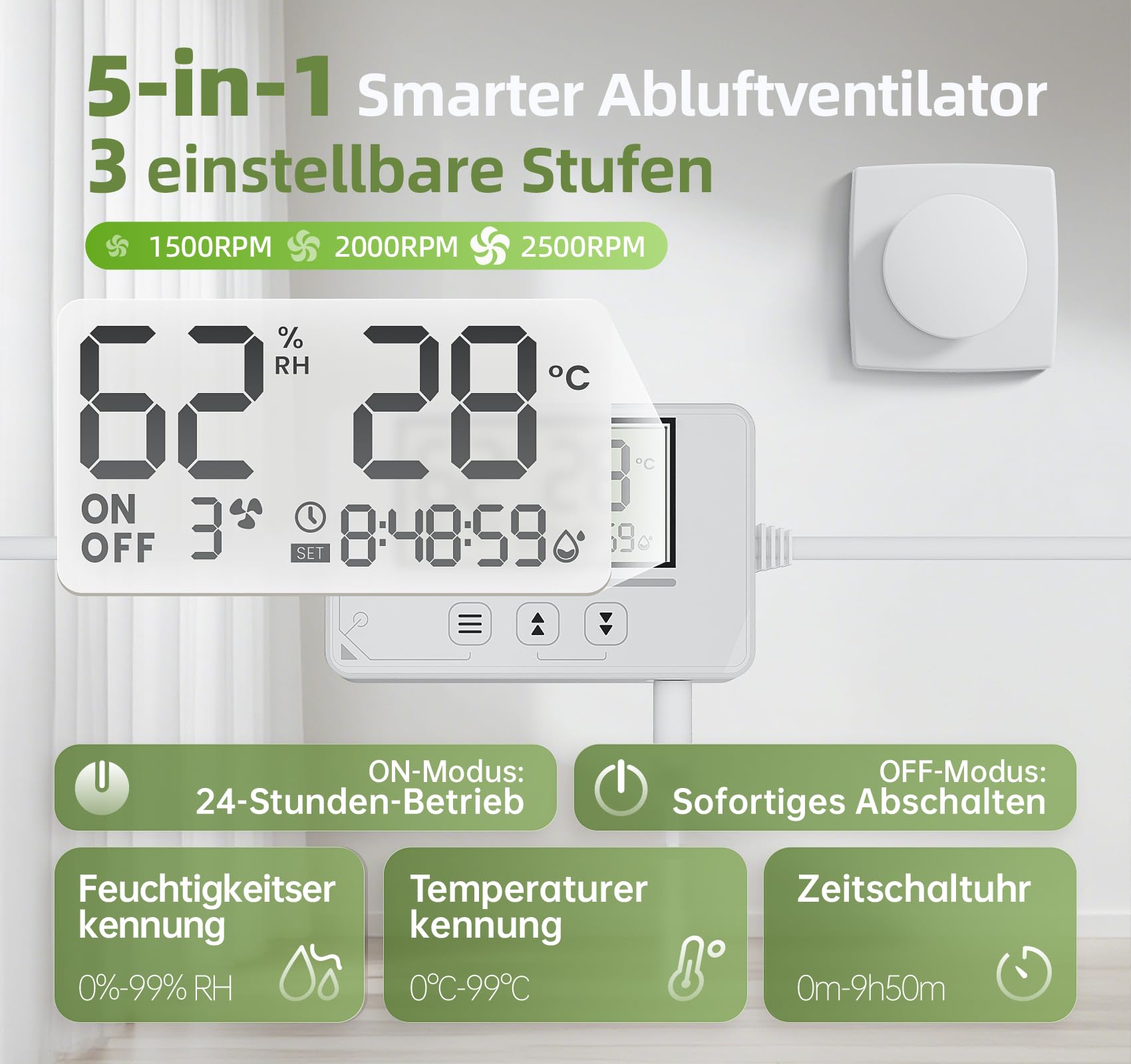Gebläseventilatoren, Badlüfter mit Feuchtigkeitssensor Temperatursensor Timer - 3 Stufen Bad Lüfter 100mm mit Fernbedienung, Echtzeit Display, Leistungsstark Leise Abluftventilator QU119