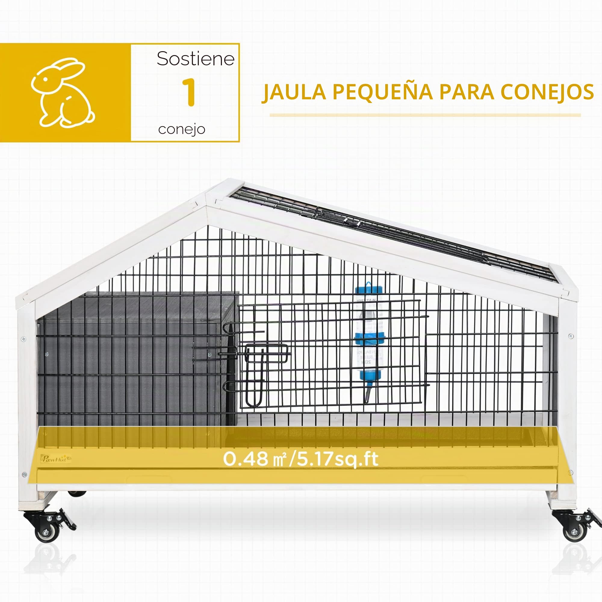 PawHut Rabbit Hutch, Guinea Pig Cage, Small Animal House Bunny Run w/Water Bottle, Wheels, Plastic Slide-out Tray, for Indoors - Dark Grey