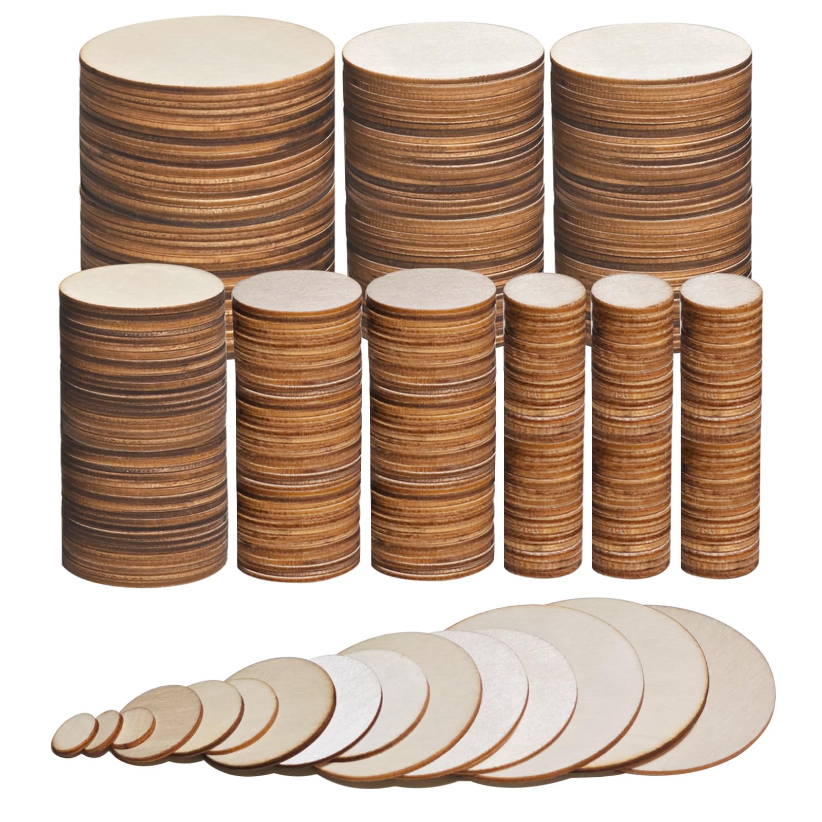 400PCS Round Wooden Slices for Crafts, 5cm 4cm 3cm 2cm 1cm