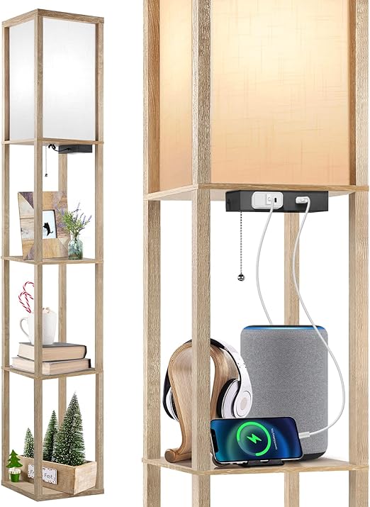 OUTON Floor Lamp with Shelves, LED Modern Shelf Floor Lamp with USB