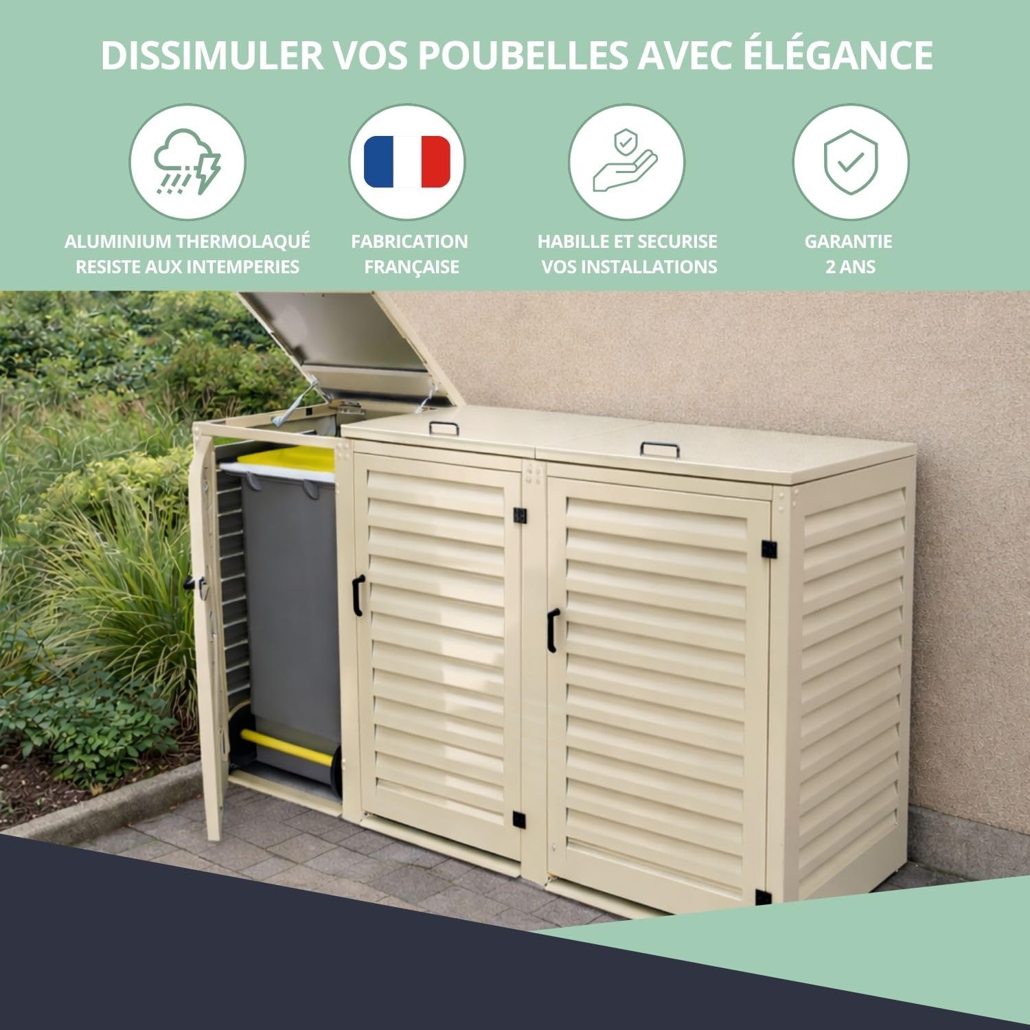 Refugio de basura exterior triple de aluminio termolacado para 3 cubos de basura de dimensiones H. 96 x L 49 x 55 cm (3 x 120 litros) | Crema RAL1015 | Calidad anticorrosión | Fabricación francesa
