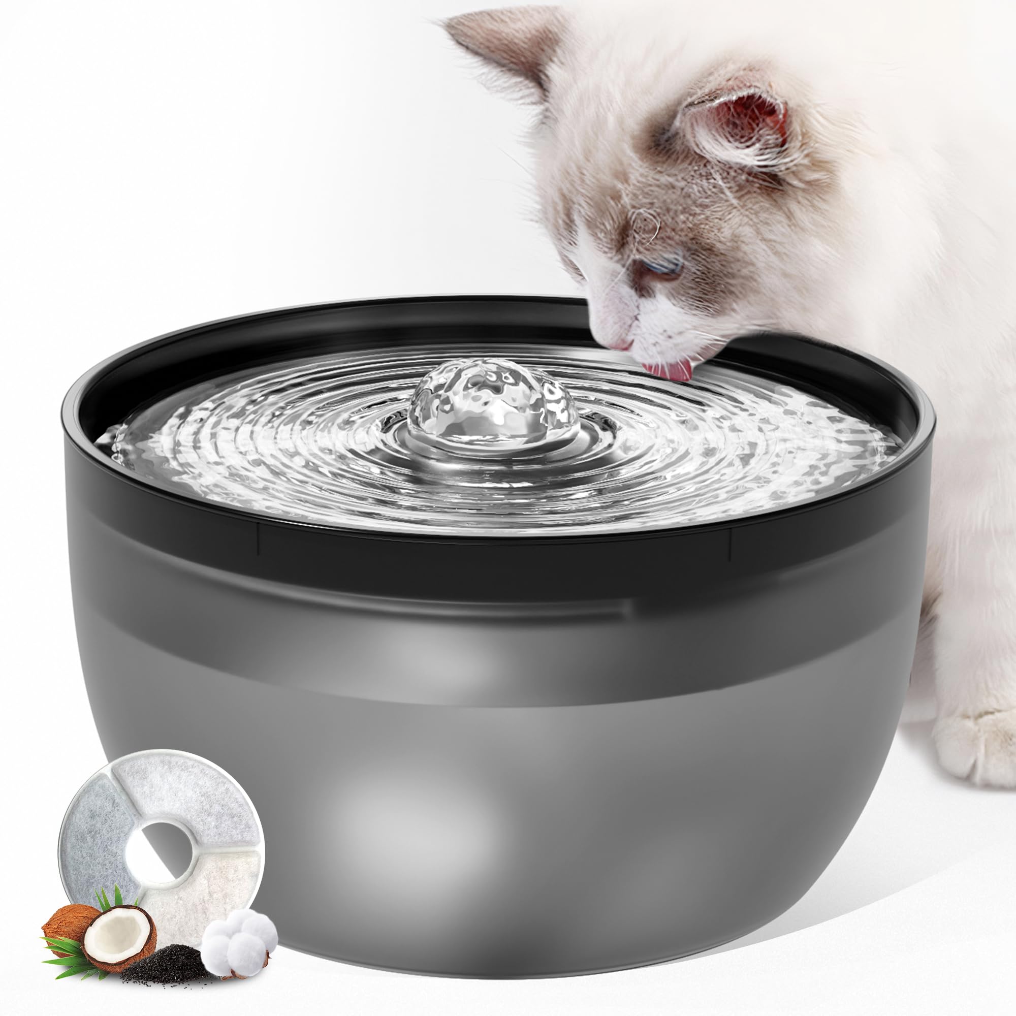 Casfuy W8 Quiet Stainless Steel Dog & Cat Water Fountain with LED Light, Black, 102-oz