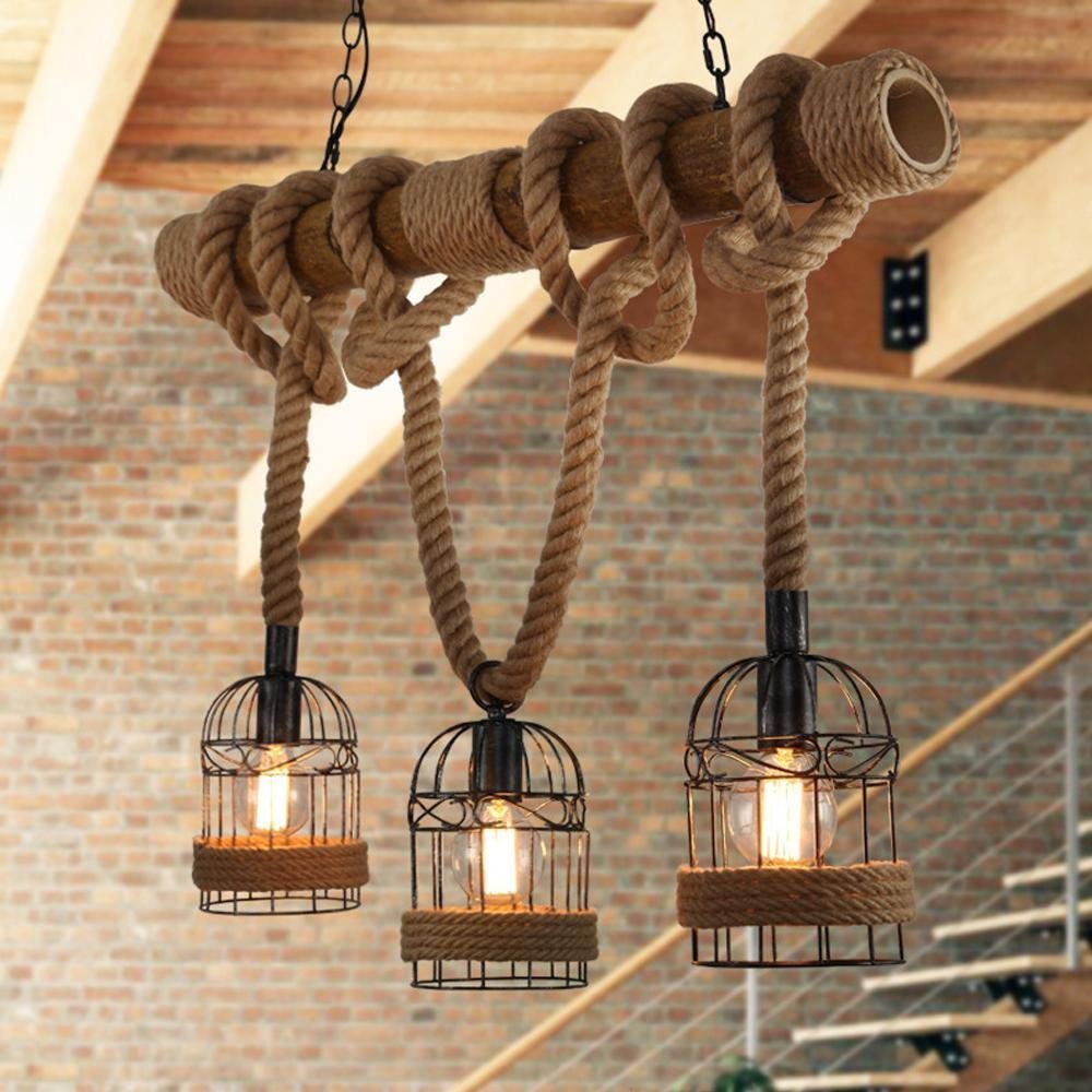 Retro hanglamp henneptouw industriële stijl vintage lamp touw design plafondverlichting metalen lampenkap zwart kooi kroonluchter hanglamp voor eetkamer bar keuken restaurant E27