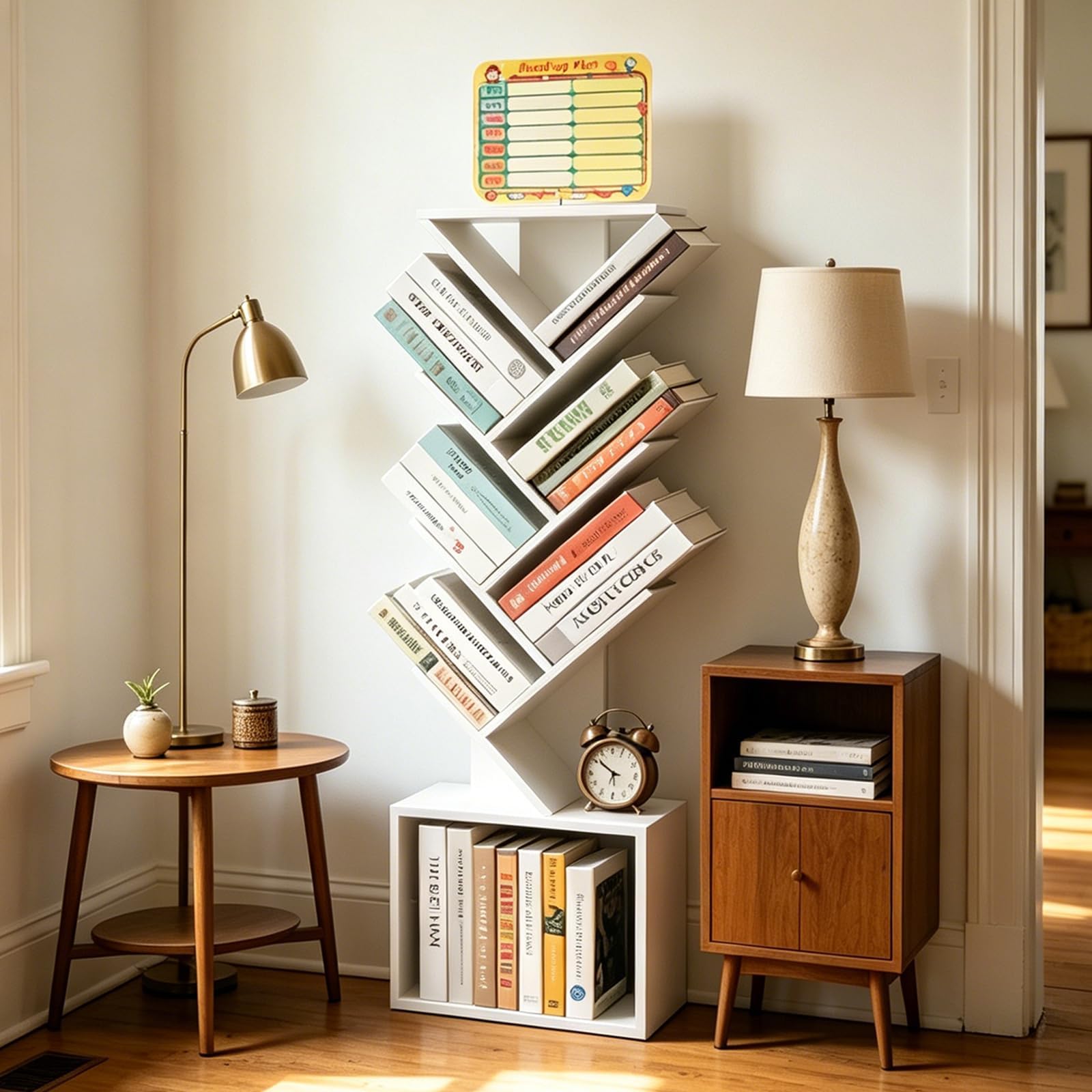 - 7 Tier Tree Book shelf, Small Bookcase with Reading Planner and Activity Panel, Modern Floor Standing Corner Tall Narrow Storage Cabinet Bookshelves for Home Office Bedroom Living Room (White)