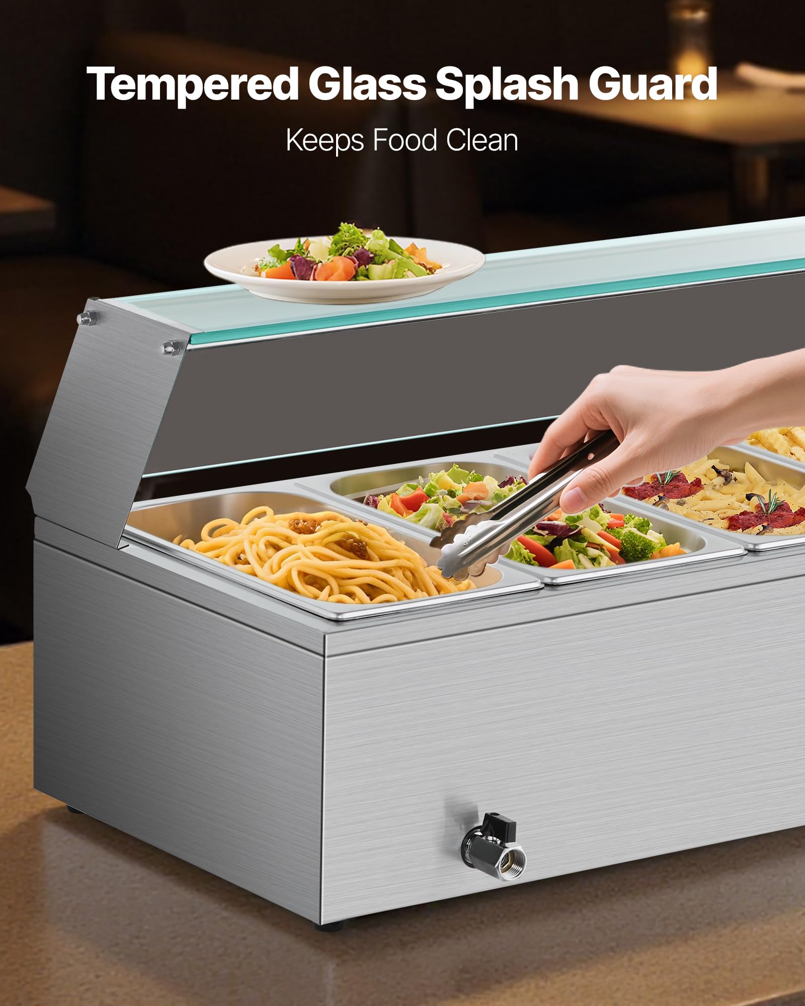 VEVOR Scaldavivande Commerciale, Scaldavivande Elettrico in Acciaio Inox da 1500 W con Coperchio in Vetro, Bagnomaria da Banco a 6 Teglie da 1/3, con Zuppa e Mestoli Forati, per Ristoranti