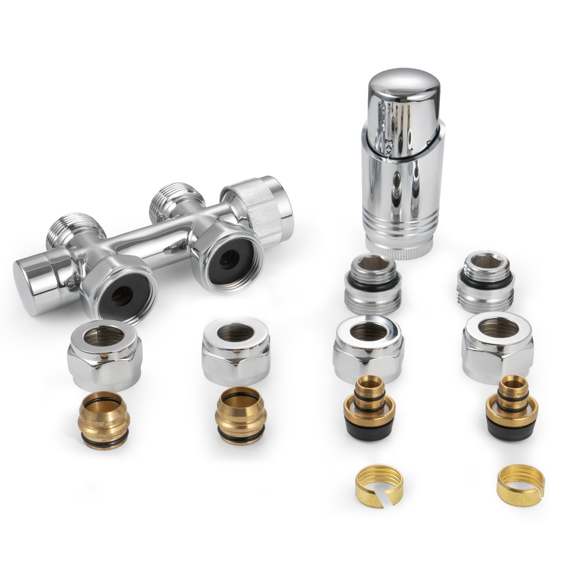 VANCOCO Multiblock con termostato per radiatori 50 mm, distanza mozzo, blocco rubinetto, set di rubinetti valvola a forma di passaggio con cono europeo per tubi in plastica Ø 16 × 2 mm e diametro 15