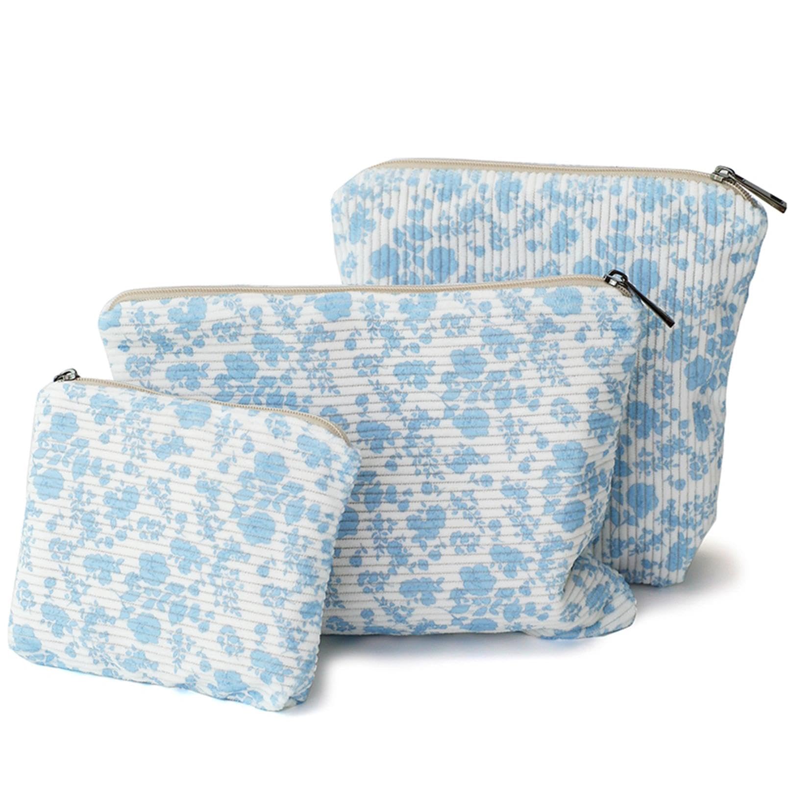 BBORGDC Small Cosmetic Bag Set of 3 for Purse, Floral Corduroy Makeup Bags, 3 Sizes Zipper Pouch Organizer for Travel & Toiletries, Gift for Her
